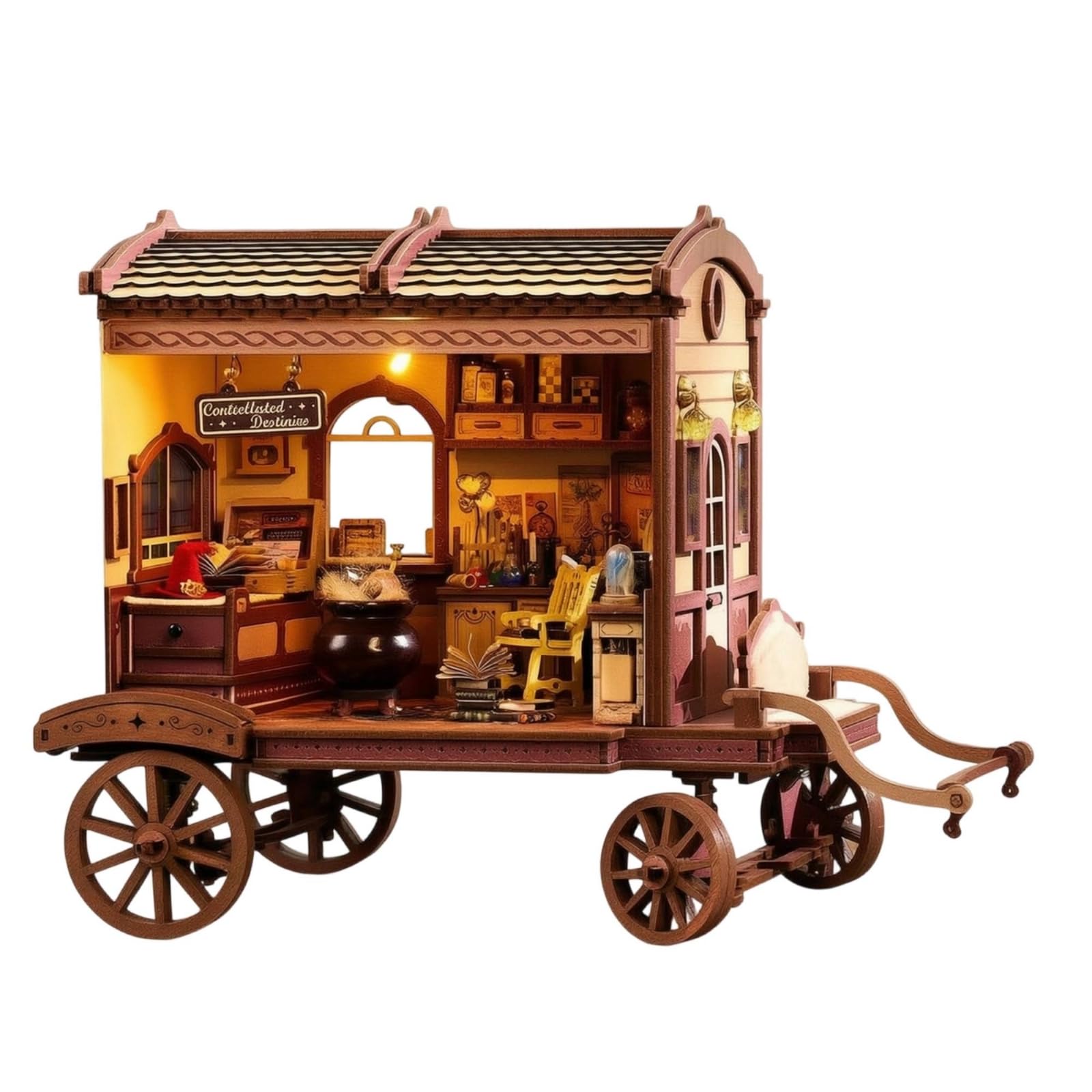 Casa Miniatura in Stile Carrozza con E Interruttore a Sfioramento Kit Fai da Te in Legno E Tessuto LED Integrato Musica Adatta per Mensola Scrivania Decorazione Stanza