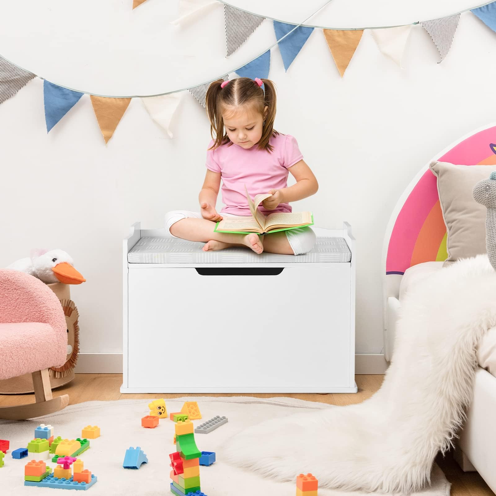 RELAX4LIFE Contenedor para Juguetes para Niños, Baúl Juguetes con Tapas, Caja de Juguetes para Habitación Infantil, Escuela y Guardería (Blanco+Cojín)