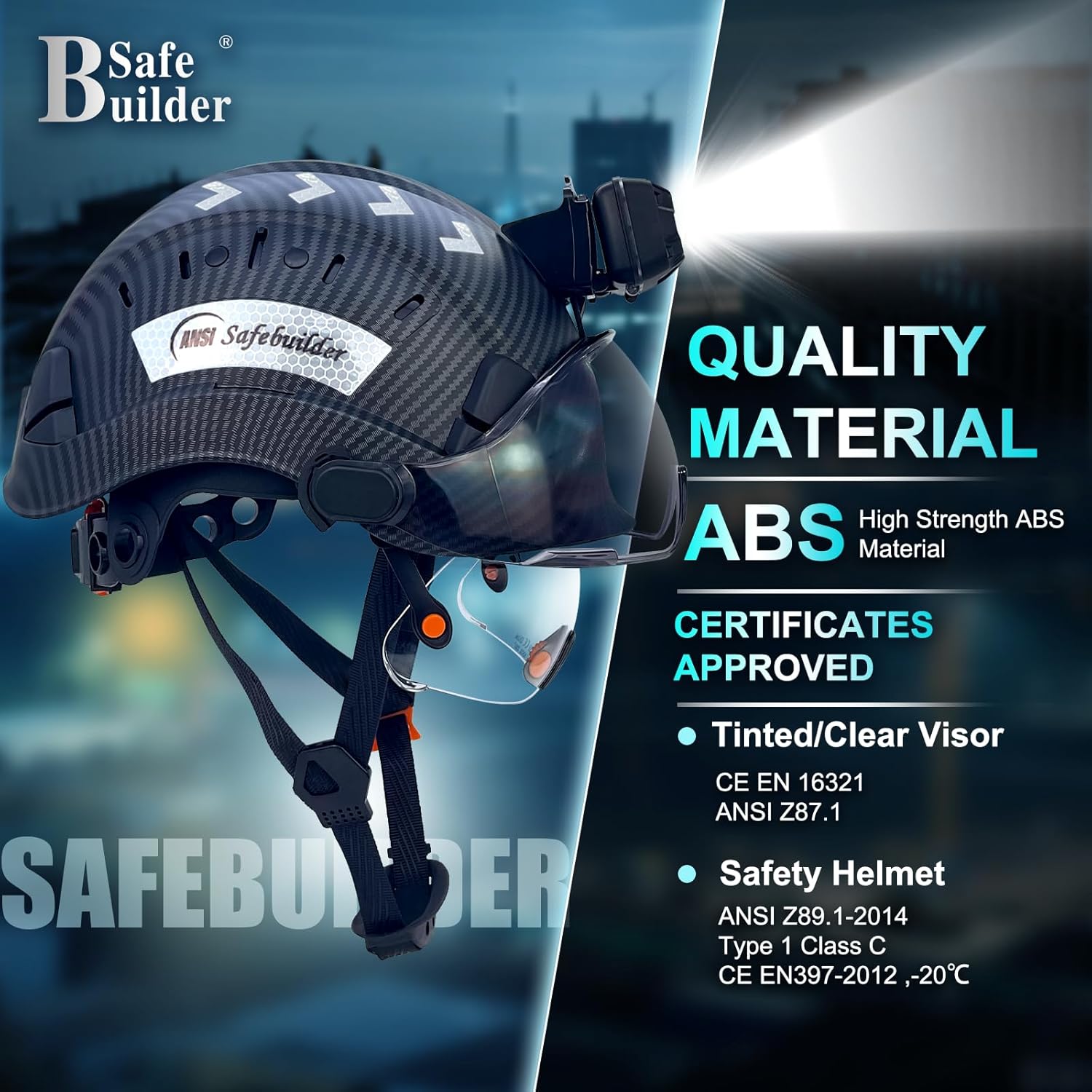 SAFEBUILDER Safety Hard Hats with Visor and Build in Headlight Lightweight Vented Safety Helmet Headlamp for Construction Industrial Outdoor Work ANSI Z89.1 Approved