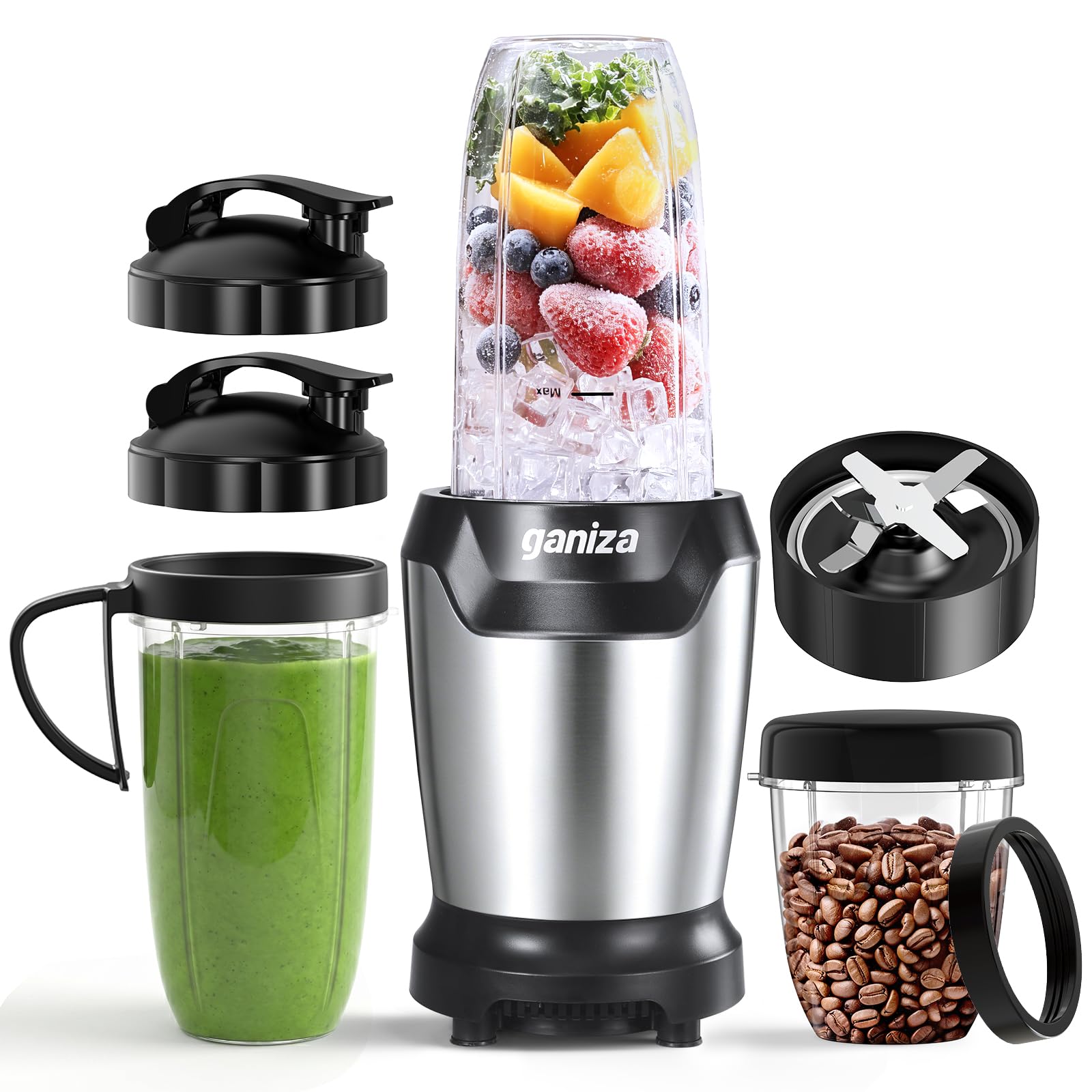 Ganiza Batidora de Vaso, 1300 W con 3 vasos mezcladores portátiles (2 de 1100 ml y 1 de 660 ml), 6 cuchillas de acero inoxidable, libre de BPA, batidora eléctrica para batidos y trituración de hielo