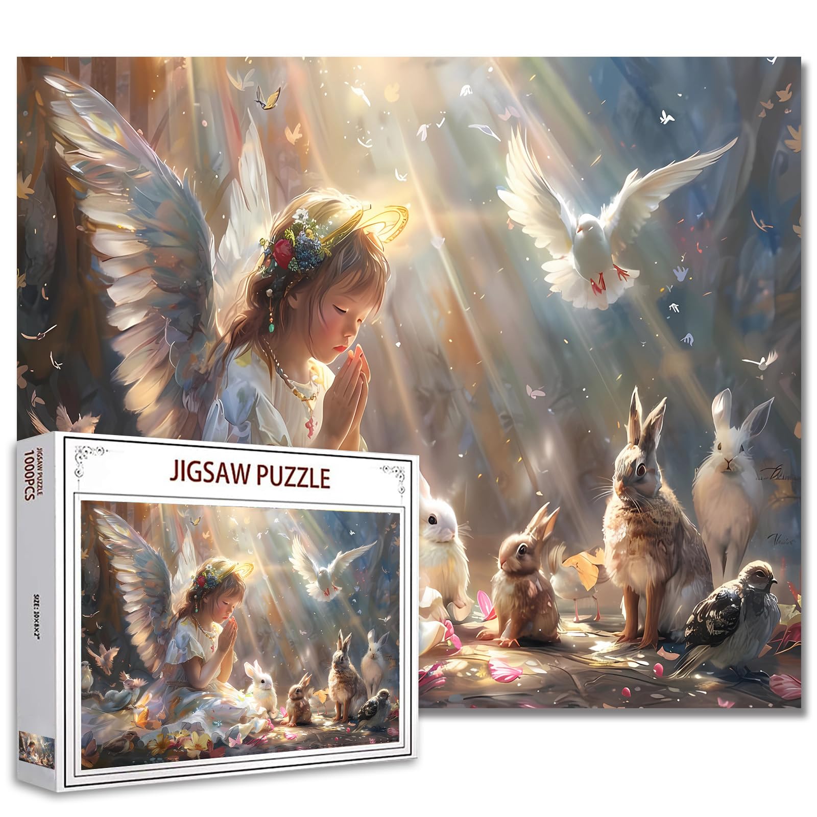 Tucocoo 1000 Piece Jigsaw Puzzles for Adults Prayerful Little Girl Painting Jigsaw Puzzle Angel Rabbits Birds 1000 Pieces Puzzles for Challenging Family Activity Game Faith Art DIY Puzzle Wall Decor
