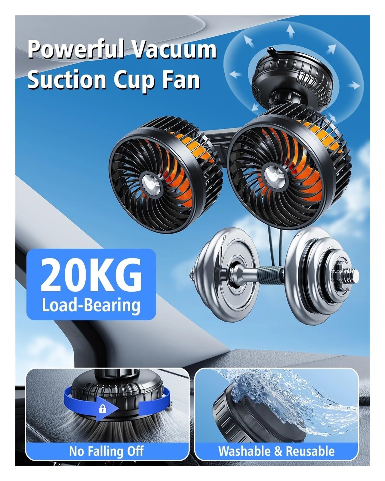 Ventilador Circulador De Aire Interior Doble Cabez Ventosa Ventilador Doble Cabezal Giratorio 360 ​​° Con Batería 4000mAh Viento 3 Velocidades Eléctrico Universal Para Camión 12V/24V
