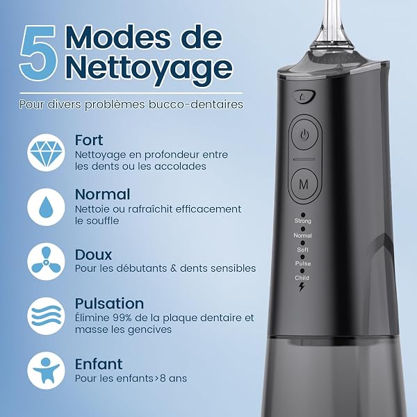 VIMMK Jet Dentaire Hydropulseur et Irrigateurs Oral avec 5 Modes de Pression d'eau et 8 Embouts Remplaçables, Rechargeable et Étanche IPX7, Réservoir 300ML (Noir) - 2