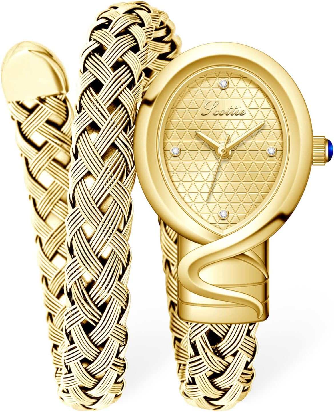 PASOY Fashion Women’s Wrap Bracelet Snake Watch Teardrop Oval Dial, Braided Double-Wrap Bangle, Quartz Analog with Crystal Markers Waterproof Elegant Dress Wristwatch