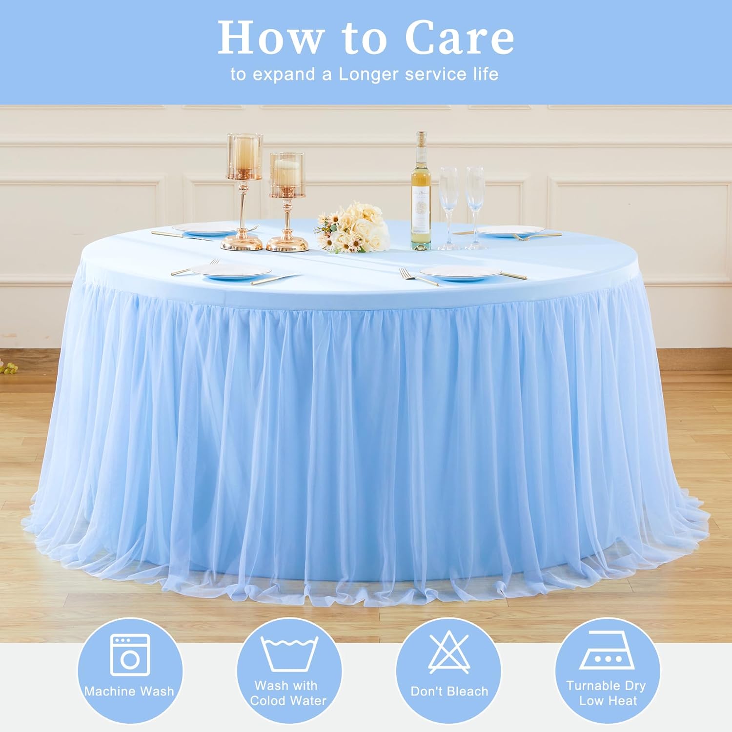 Round Tulle Tablecloth Table Skirt Wrinkle Free Ruffle Tutu Tablecloth Stretch Fitted Round Table Cover for Party Wedding Baby Shower Birthday, Baby Blue, 48inch in Round