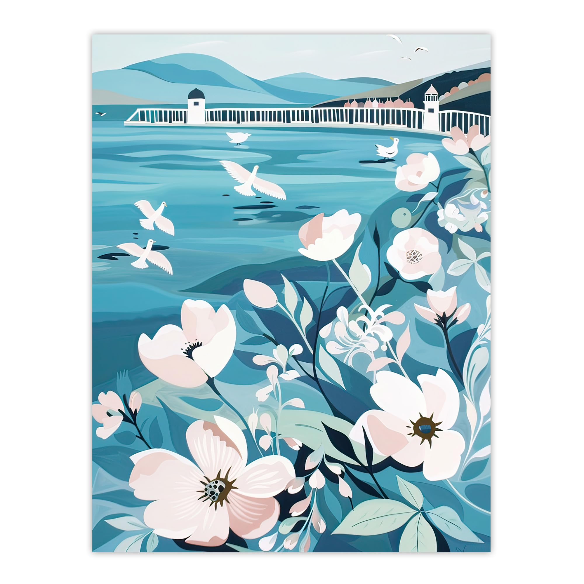 Artery8 Coastal Scottish Pier Seagulls Floral Painting Living Room Large Wall Art Poster Print Thick Paper 18X24 Inch
