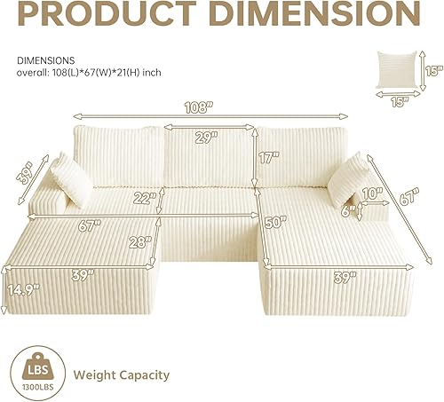 Miniatura 3 de Sofá modular Cloud de 108 pulgadas con diván en forma de L, sofá modular moderno de 4 asientos con asiento profundo, sofás tapizados para sala de