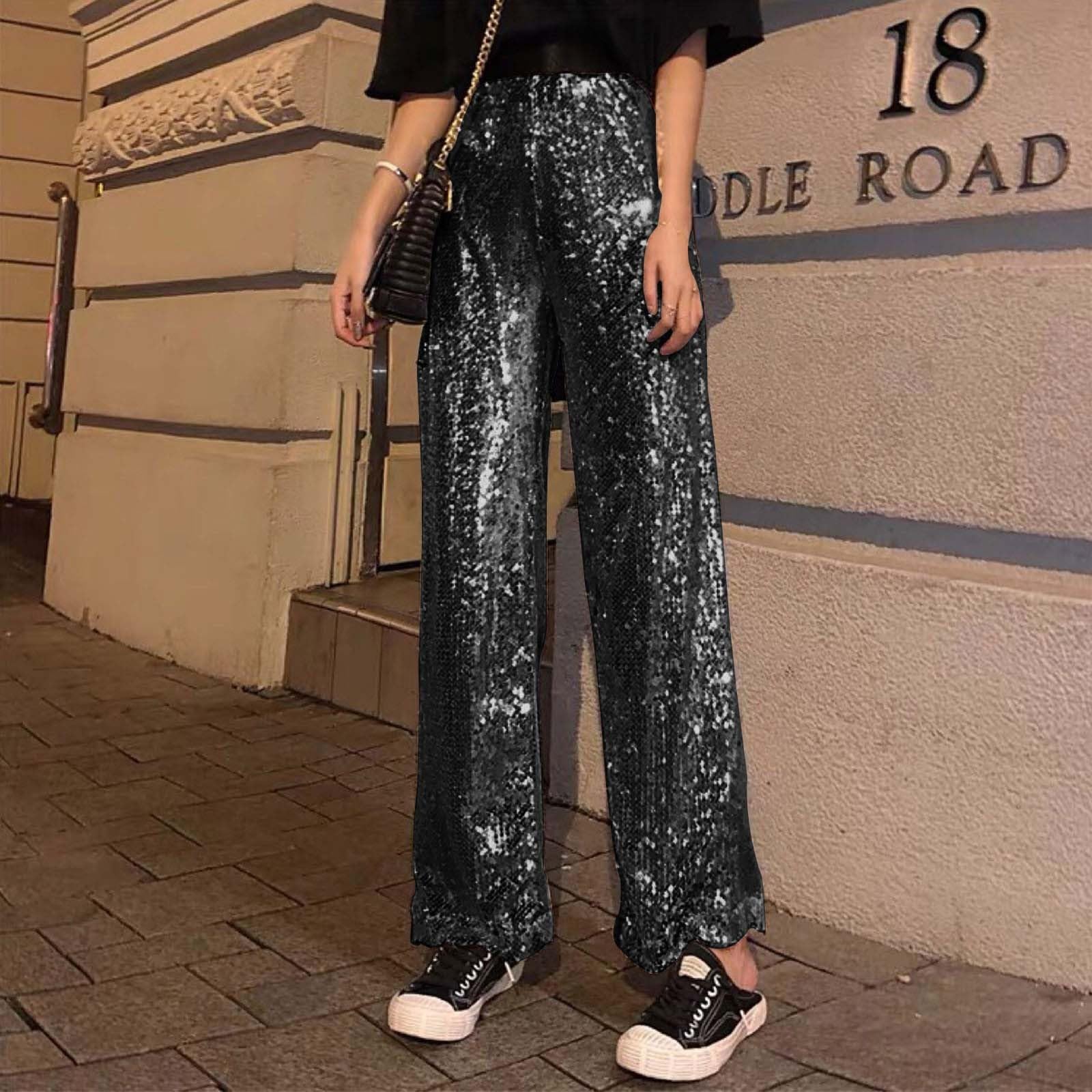 Generico Pantalone Paillettes Donna Pantaloni Completo Curvy Zampa Gamba A Vita Alta Giacca Pantaloncini vestibilità Comoda Culotte Larghi Brillanti Brillantini