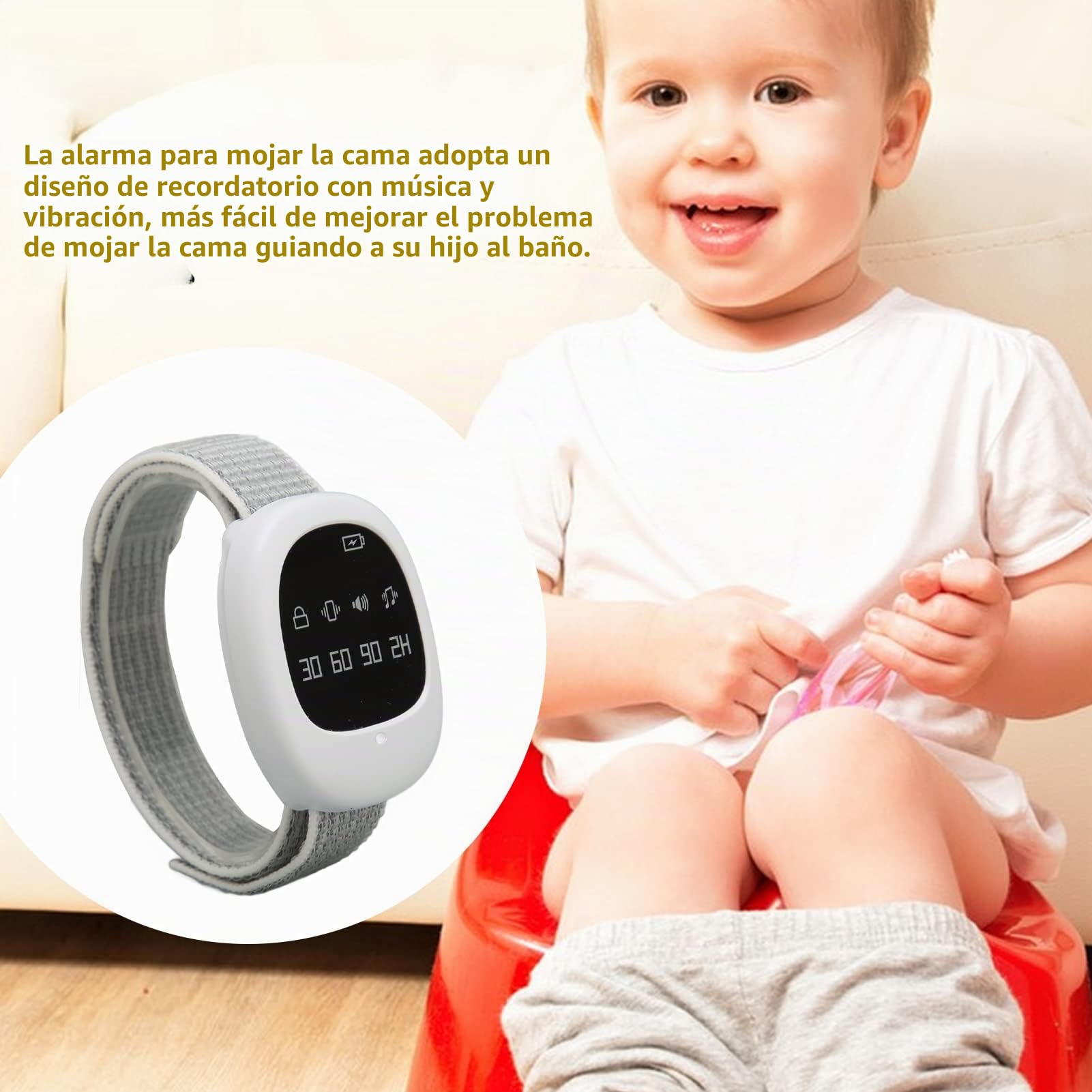 Alarma inalámbrica para la enuresis nocturna: recordatorio con música y vibración con 4 ajustes de tiempo para niños y ancianos. Correa ajustable y tarjeta de registro de motivación.