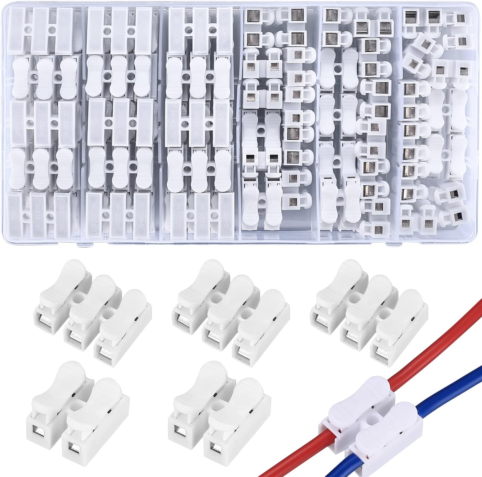 65 Pcs Spring Wire Connectors, Spring Clamp Terminal Cable Clamp Connector, CH-2 Electrical Cable Connectors Block