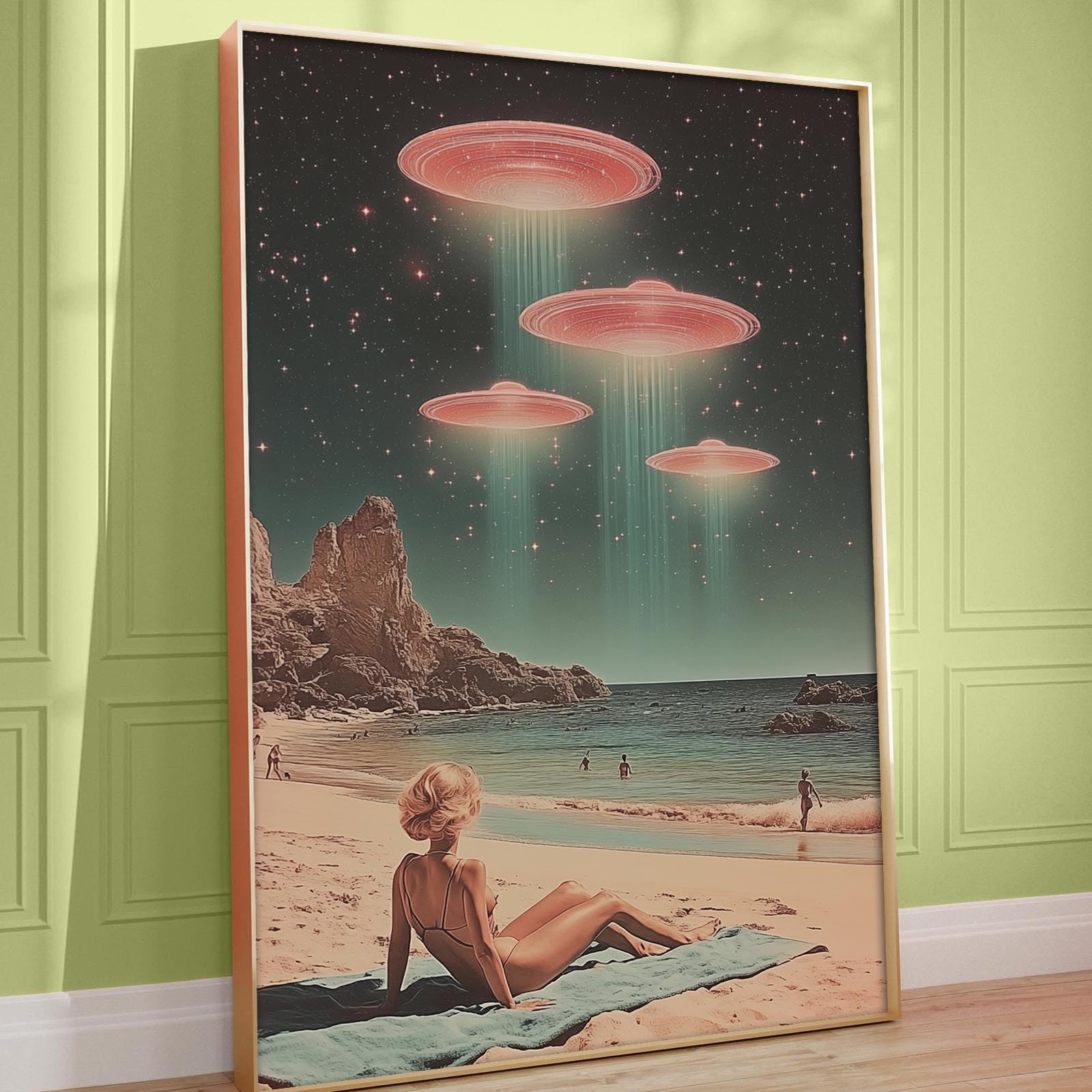 Amazon.com: Retro Ufo Canvas Wall Art Alien Beach at Night Poster