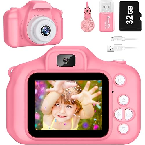 Kids Camera for Boys and Girls, SINEAU Digital Camera for Kids Toy Gift, Toddler Camera Christmas Birthday Gifts for Age 3-12 with 32GB SD Card, Video Recorder 1080P IPS 2 Inch(Pink)