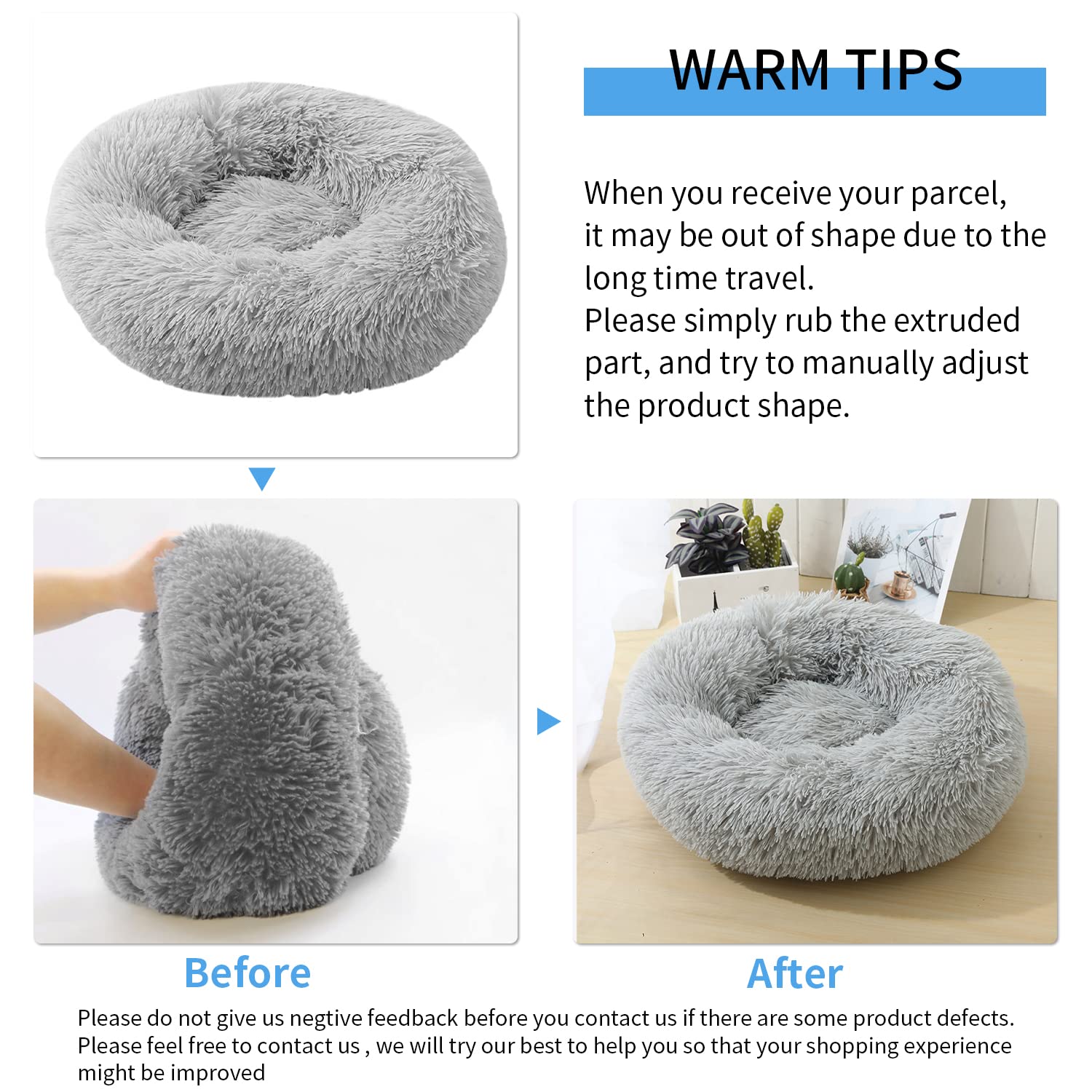 90cm Rund Hundebett Katzenbett, Plüsch Flauschig Hundekorb Katzenkissen Kuscheliges Donut, Waschbar Warm Hundekissen für Mittelgroße und Große Hunde, Katzen und Andere Haustiere (Hellgrau)