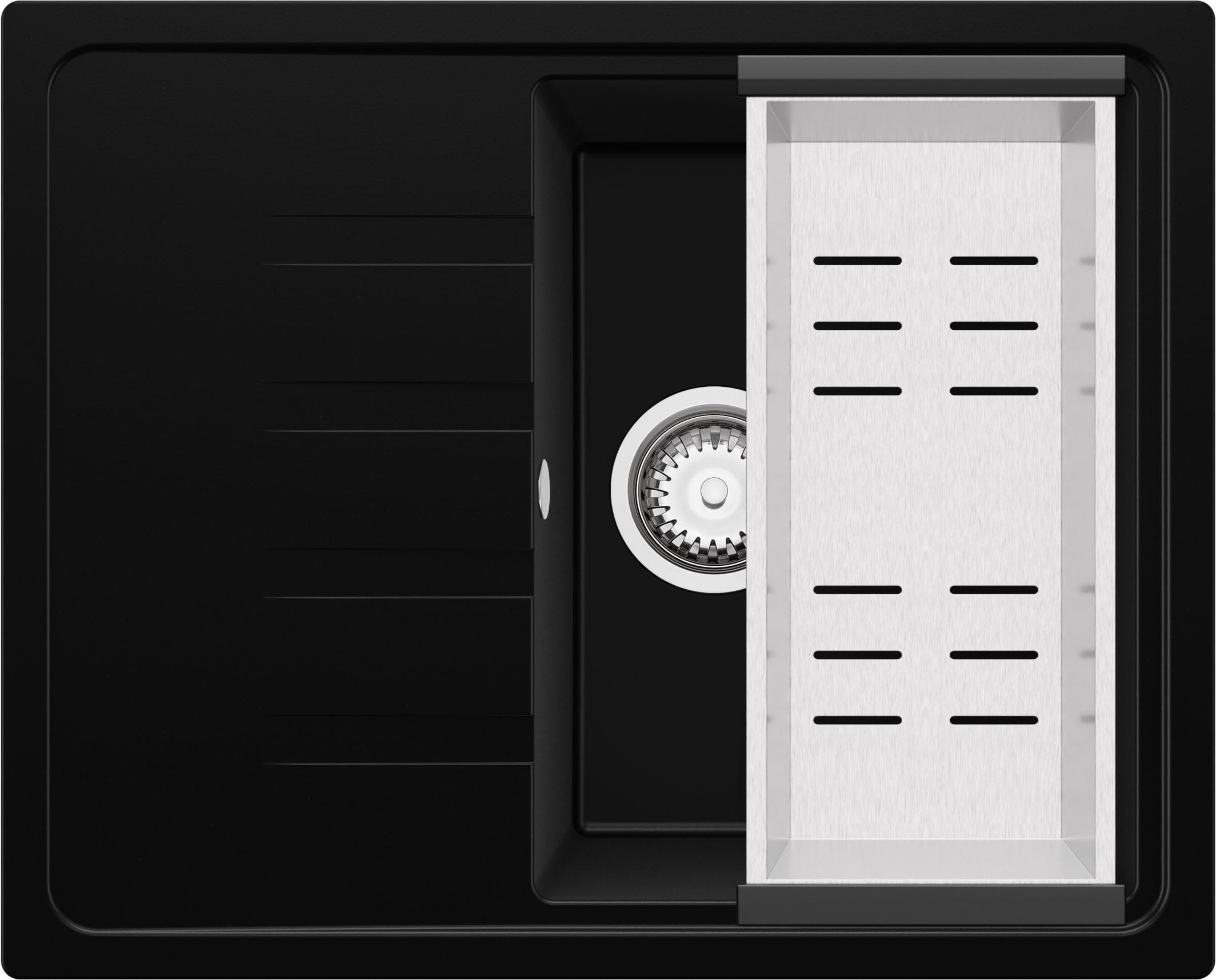 PRIMAGRAN Evier Cuisine en Granit Noir 62x50cm, Lavabo 1 bac + Kit de Vidage, Évier à Encastrer au Meuble 40cm - Milan S045