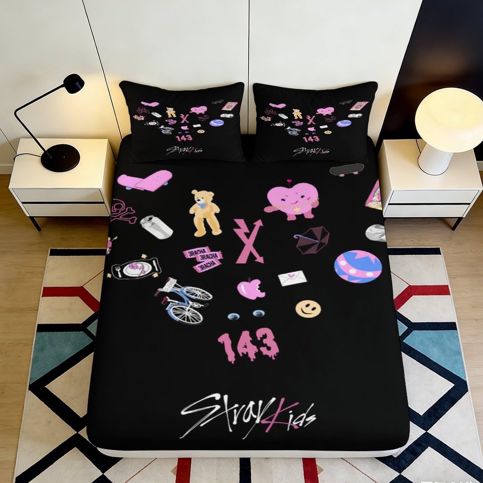 3D Printed Graffiti Pop Art Fitted Sheet Microfiber Black Stylish Mattress Cover for Bedroom Dorm Decor Protection 90x200x25cm