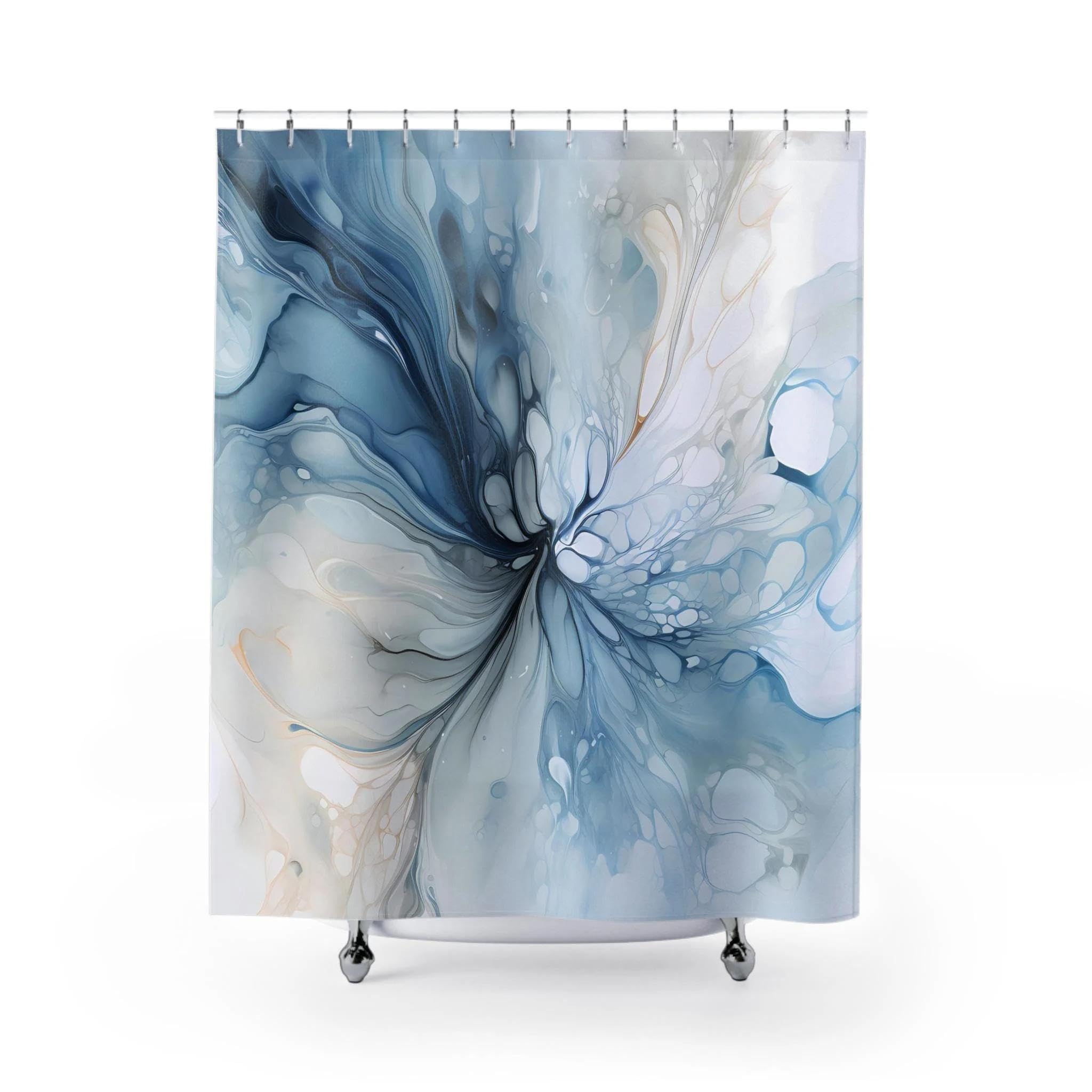 Rideau de douche bleu et gris en tissu polyester abstrait style hôtel 75x190 cm
