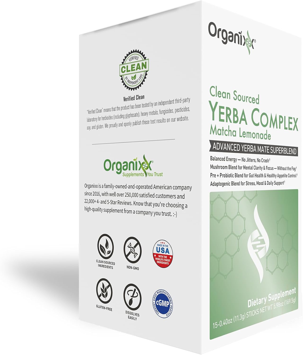 Organixx Clean Sourced Yerba Complex, Yerba Mate Superblend Powder Drink Mix with Ashwagandha, Natural Caffeine, Pre & Probiotics, & Fiber, Dairy and Gluten Free, Matcha Lemonade, 15 Travel Packets