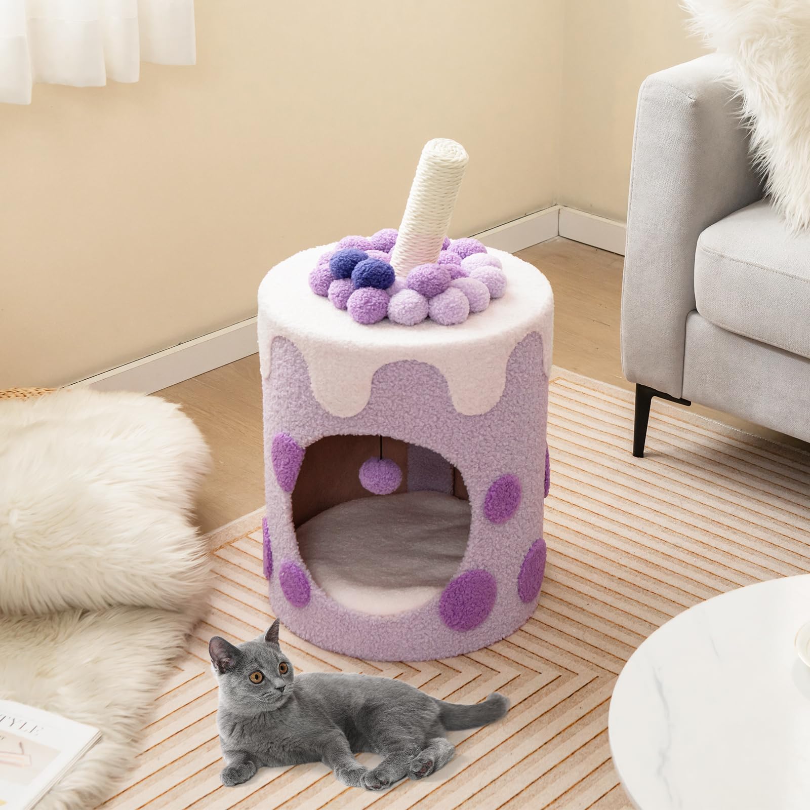 Tangkula Bubble Tea Cat Tree Tower, 26.5 Inch Cat Condo Furniture with Scratching Post, Dangling Ball Toy, Multifunctional Cat Furniture for Indoor Cats, Cute Kitten Activity Center (Purple)