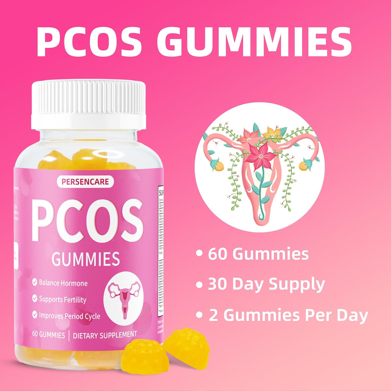 PCOS Multivitamin Gummies for Women Hormone Balance, Inositol Vitamins for Healthy Menstrual Cycle, Menopause and Mood Support, Fertility & Ovulation Reproductive Health Gummy 60 Count - Image 2