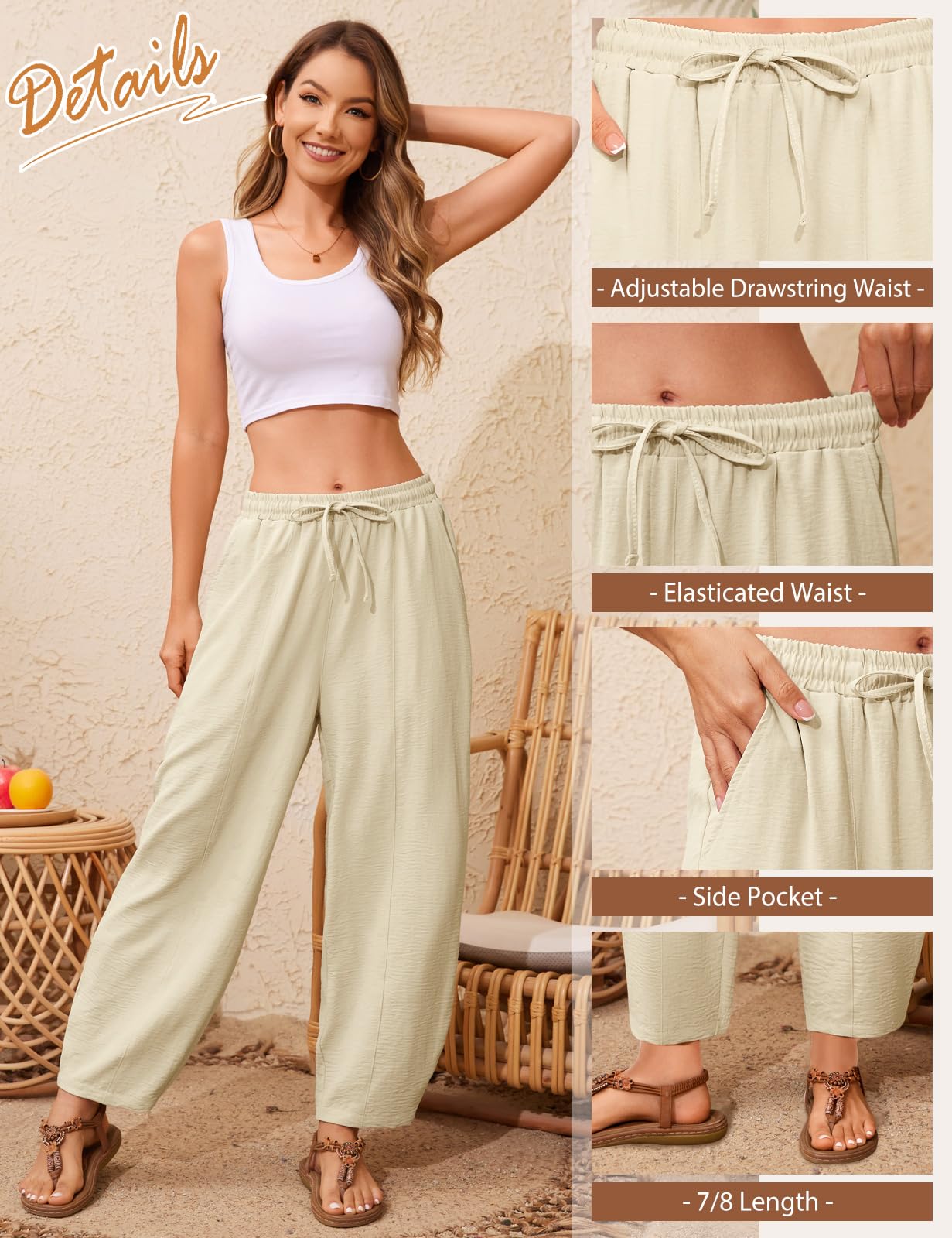 UMIPUBO Pantalones Mujer Verano 7/8 Pantalón Comodo Cintura Elástico Pantalon de Anchos Ligeros Moda para Trabajo Jogger con Bolsillos Frescos Deporte Causal Vacaciones