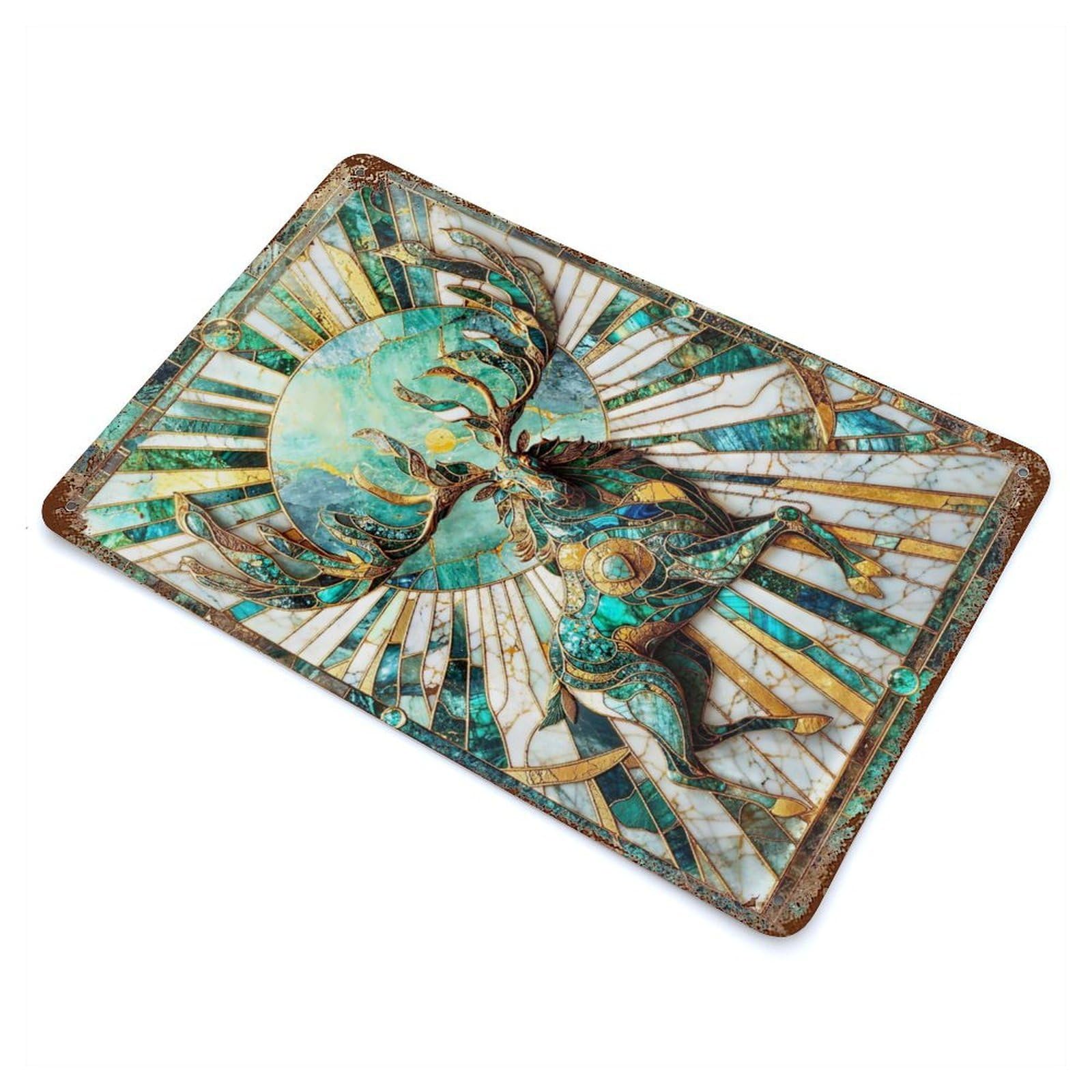 Jade Sun Elk Kintsugi Aged Metal Wall Plaque 11.8"x7.9", Old School Wall Decor for Garage, Pub Or Kitchen