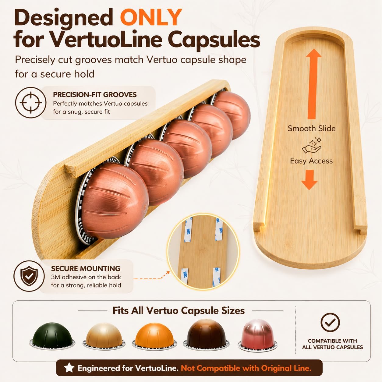 Bamboo Coffee Pod Holder, Adhesive Wall Mount (No Drilling) for Inside Cabinet Door, 20-Capsule Storage (Set of 4), Vertical & Horizontal, Compatible with Nespresso Vertuo Line-Bamboo Brown