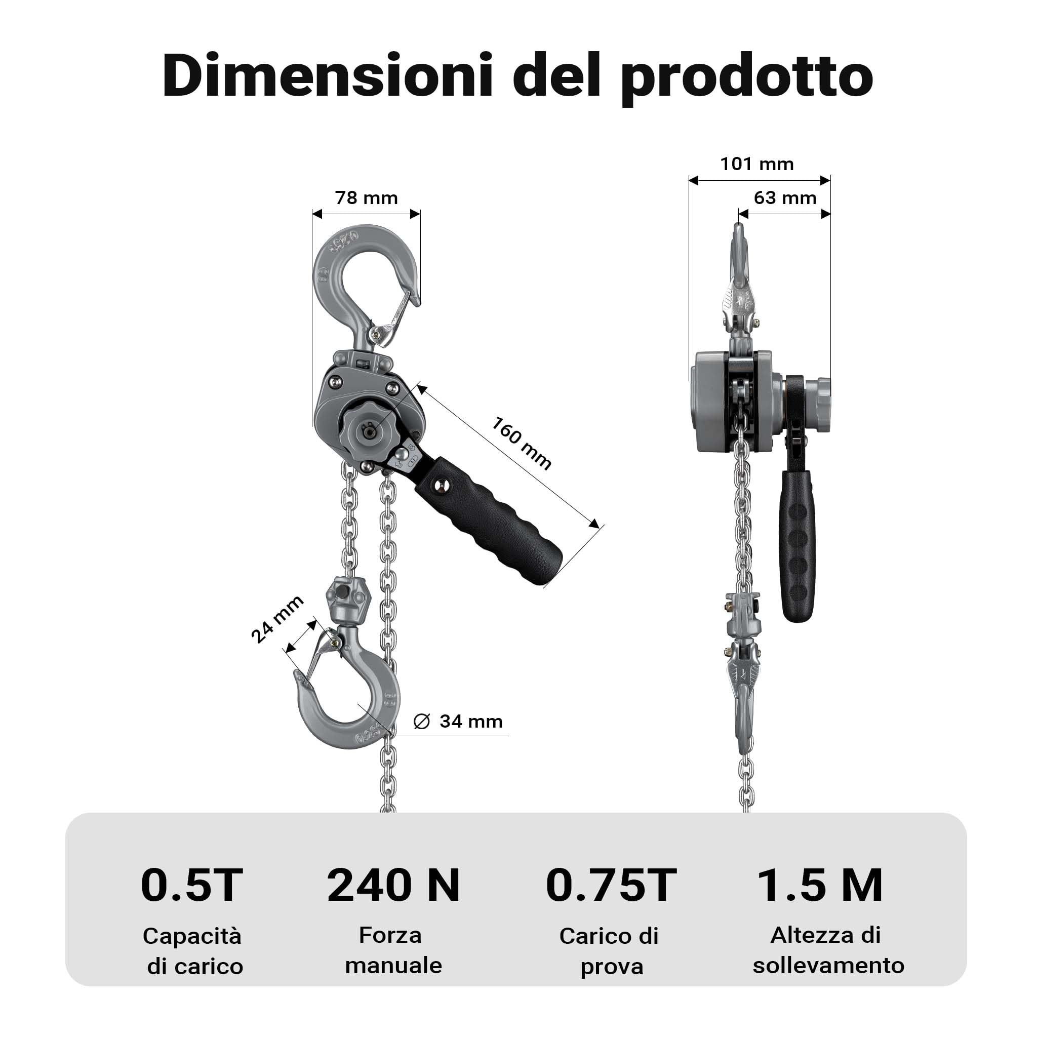 Wiltec Mini paranco a catena manuale VM0.5 fino a 500 kg, altezza di sollevamento di 1,5 m, in alluminio, per il sollevamento di carichi pesanti