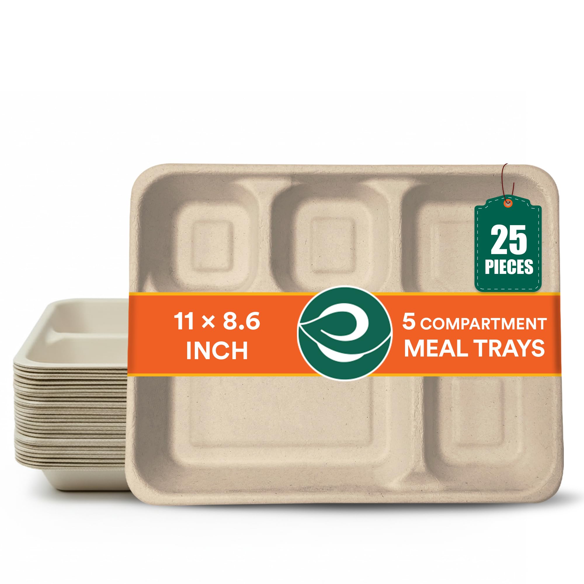 ECO SOUL [5-Compartment, 25 Count ] Disposable Meal Tray | Compostable Bagasse Plates | Eco-Friendly Biodegradable Dinner Plates | Party, Wedding, Event Plates, Beige