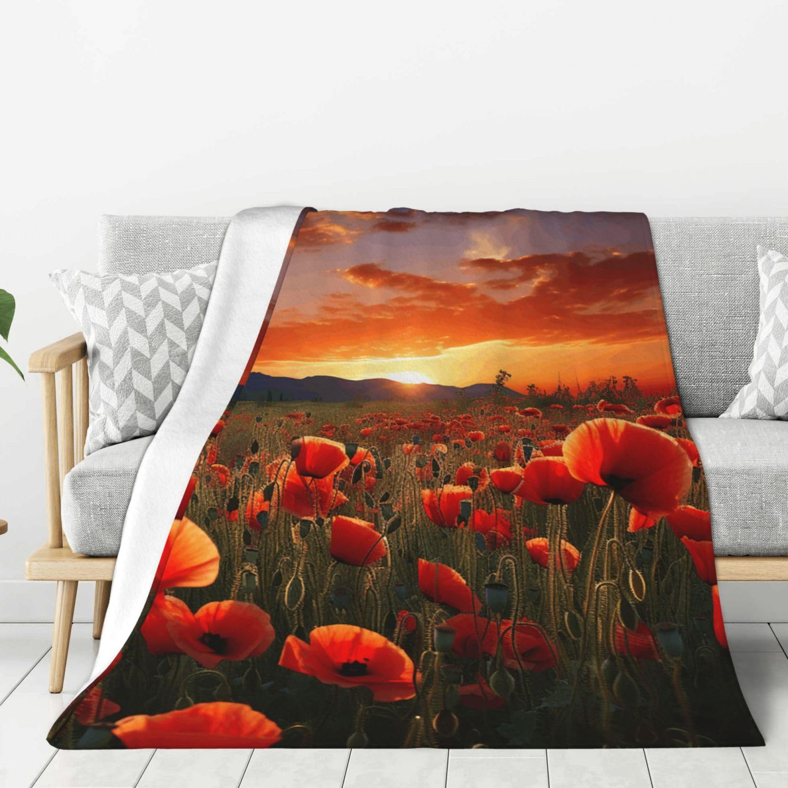 Red Poppy Flower Field in Sunset Throw Blanket Plush Flannel Fleece Blanket, Soft Lightweight Cozy Blankets 50"X40" for Bed Couch Sofa Travel