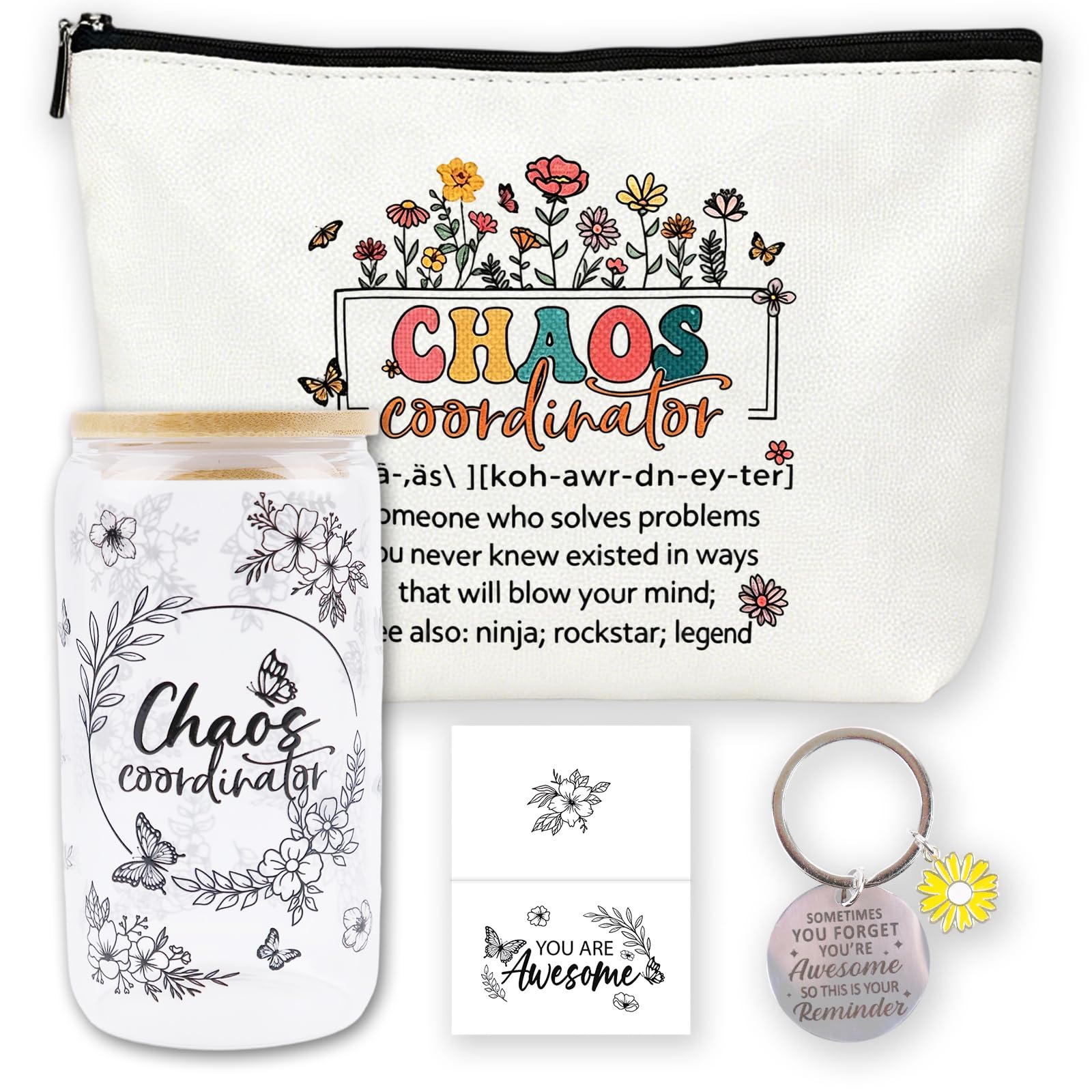 Chaos Coordinator Gifts for Women, Thank You Gift Set with 16OZ Glass Cup Makeup Bag Keychain and Card for Coworker Employee Manager Boss, Mothers Day Birthday Gifts for Mom Teacher