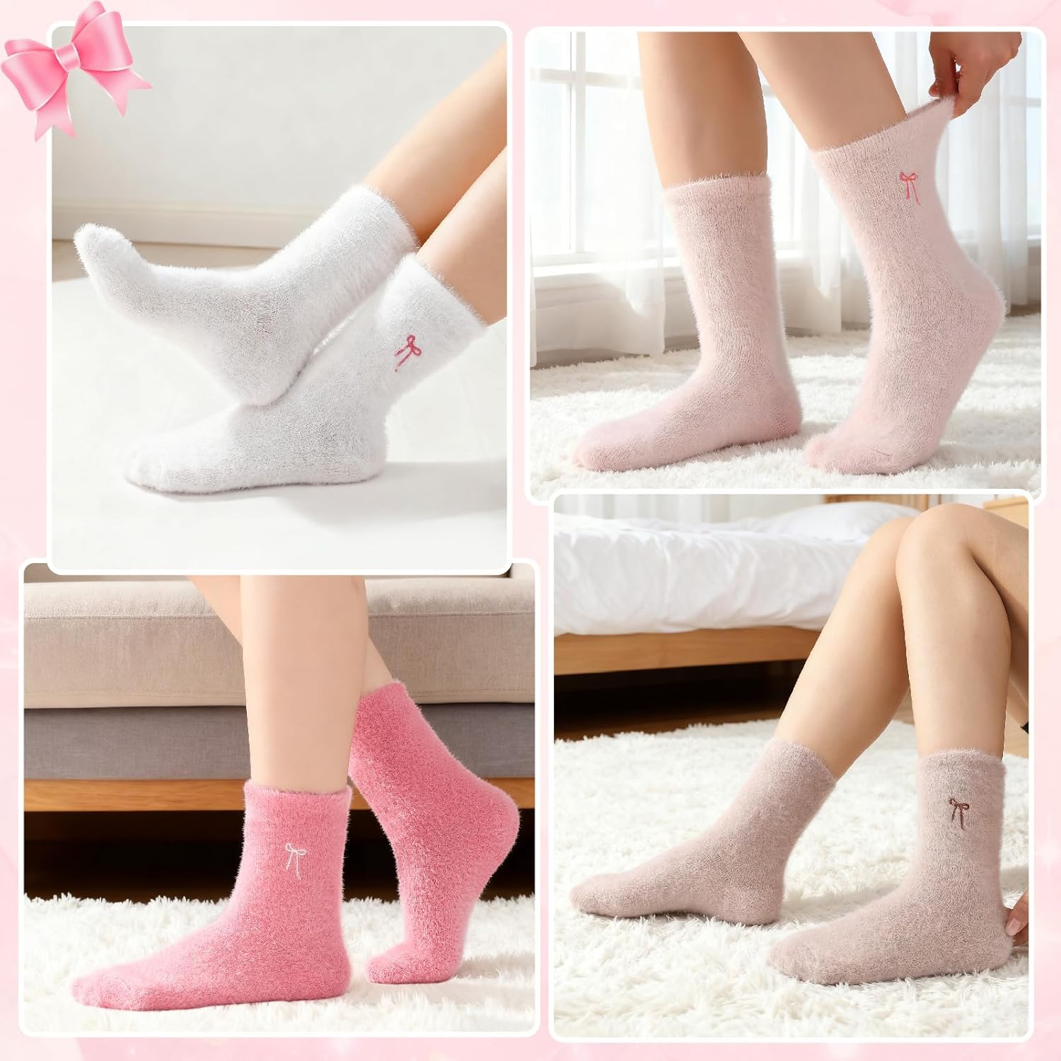 Womens Fuzzy Socks Bow Cute Animal Girls Slipper Sock Funny Winter Cozy Fluffy Warm Socks Home Sleeping - Image 7