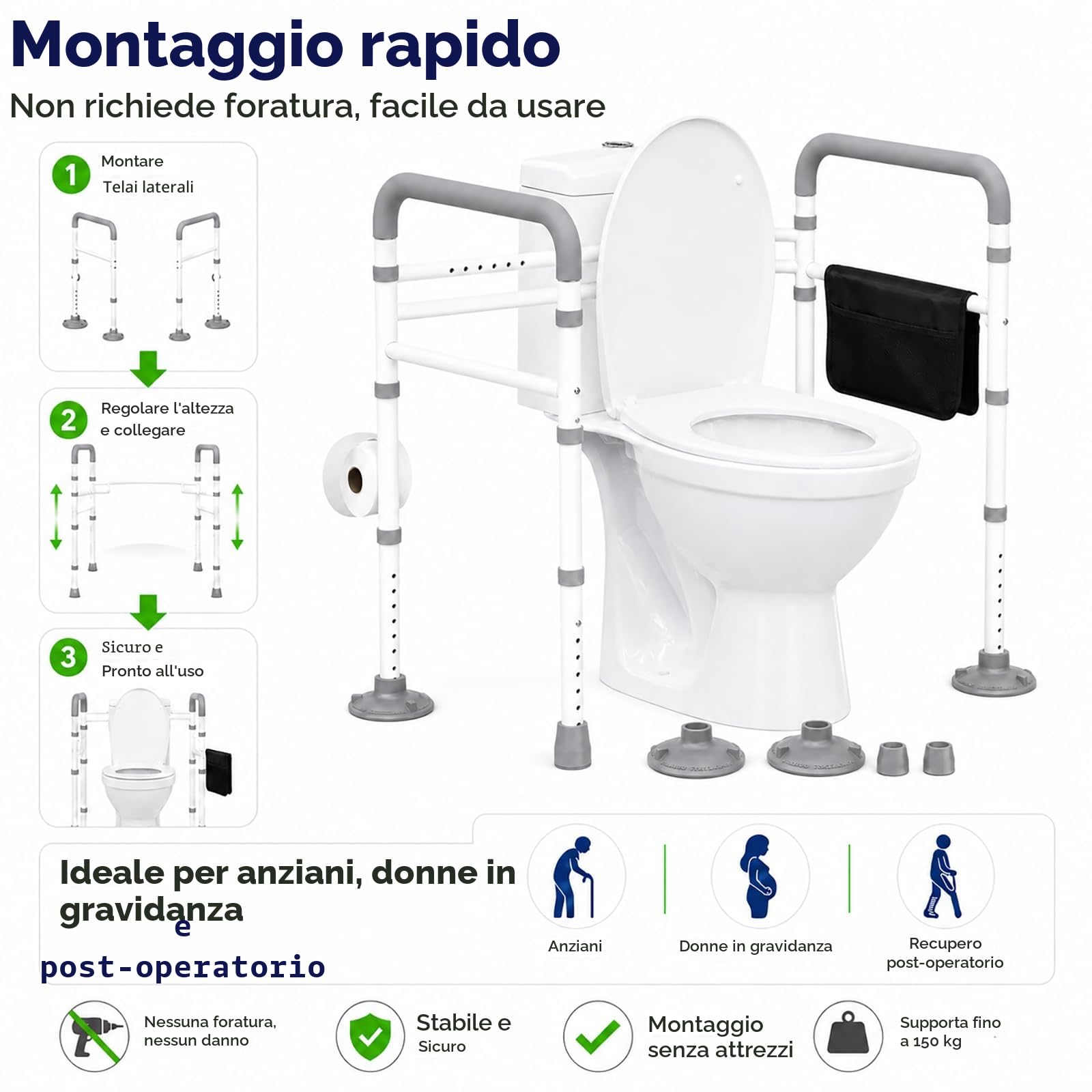Supporto wc per anziani,Telaio per WC per disabili e anziani,Altezza e larghezza regolabili