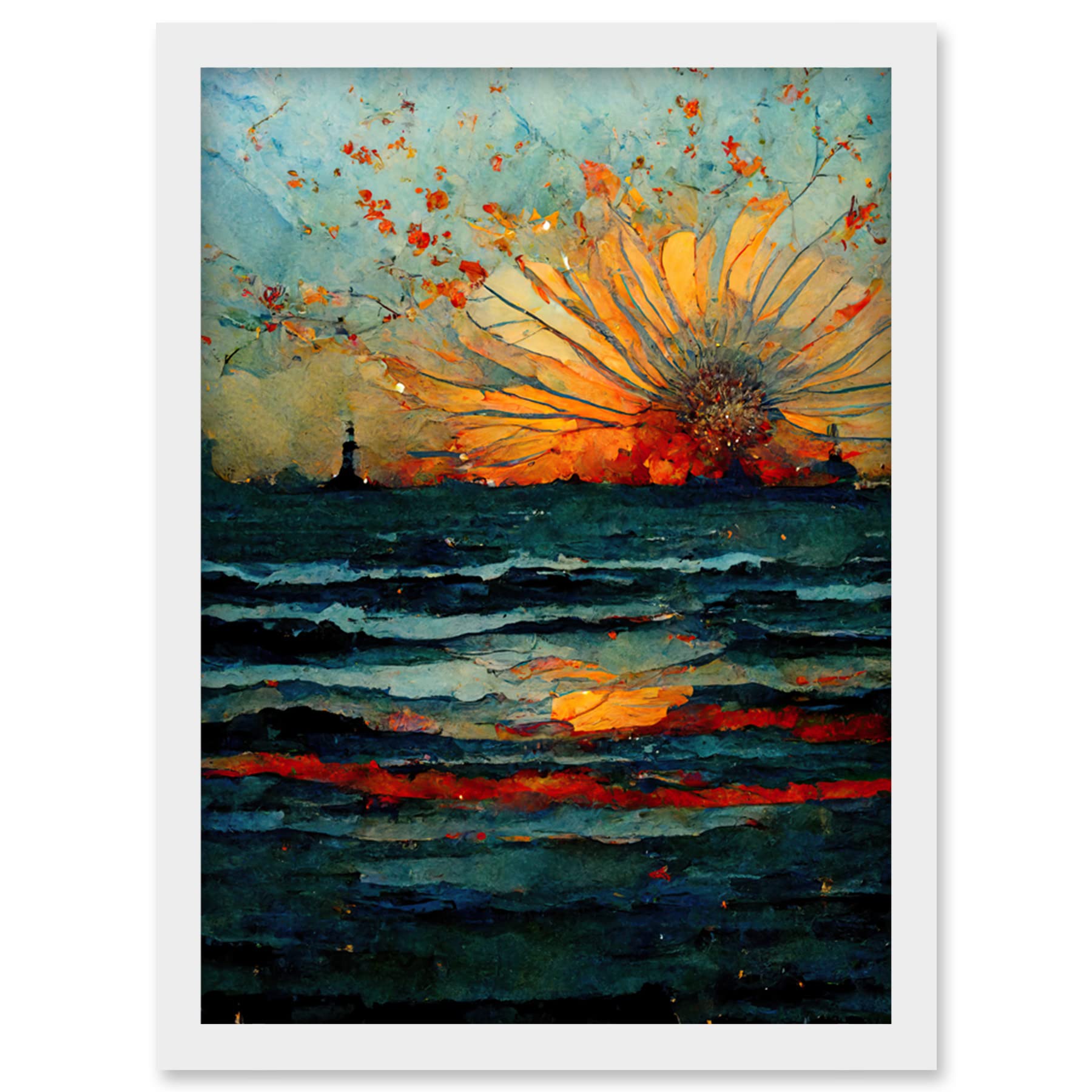 Artery8 Seascape Sunset Port City Waves Horizon Artwork Framed Wall Art Print A4
