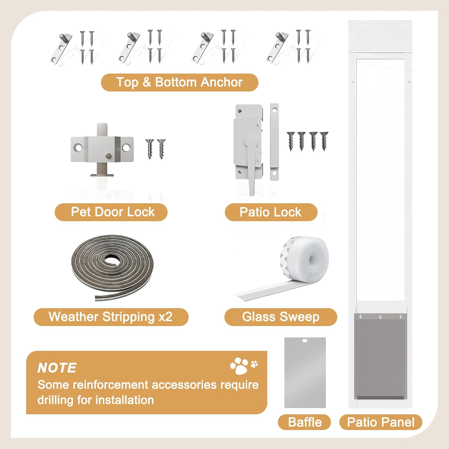 Doggie Door for Sliding Glass Door, 76 1/8" to 80 7/8" Adjustable Height No-Drill Pet Door Insert with Reinforced Dual Security Locks, 07" x 11" Brown Flap for XL Dogs, White
