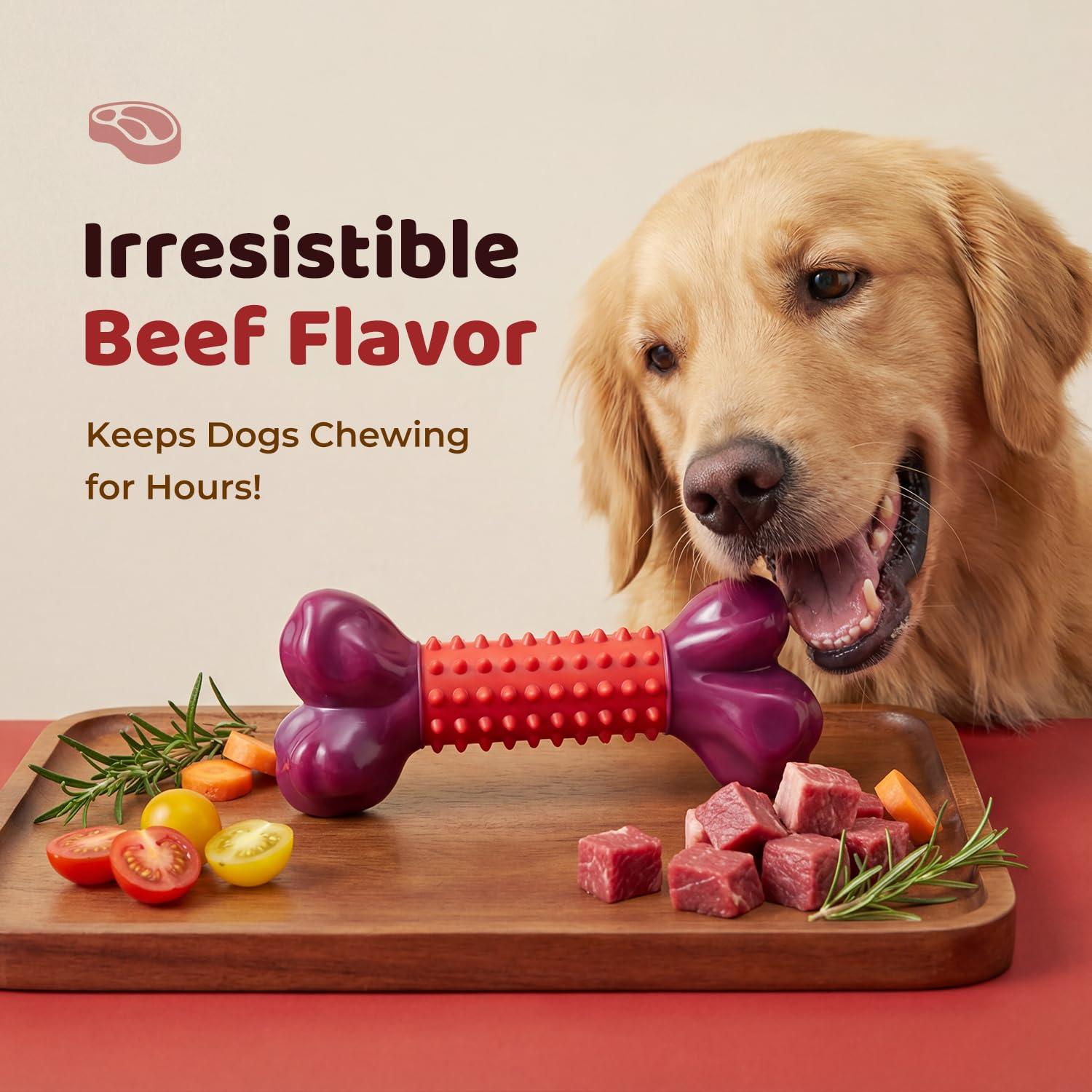 Juguetes para Perros Indestructible: Mordedor Perro para Masticadores Agresivos, Juguete Perro para Perros Medianos y Grandes, Nailon Duradero y Caucho Natural, Sabor A Carne de Res, Rojo