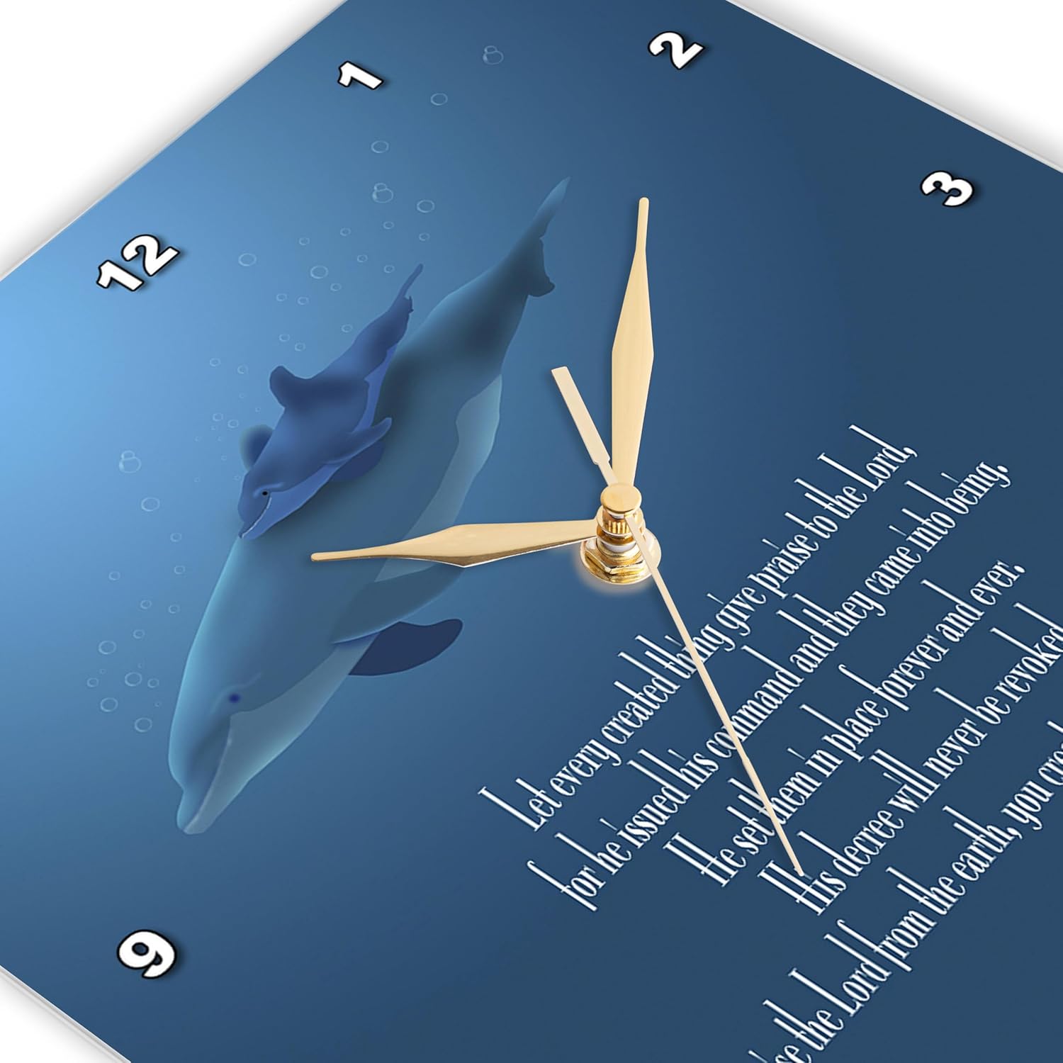 3dRose Wall Clock Silent - 15 inch - Mother and Baby Dolphin Swimming in The Aqua Colored Ocean with The Bible Verse Psalm 148 v 5-7 - Designs Graphic Design Bible Verse
