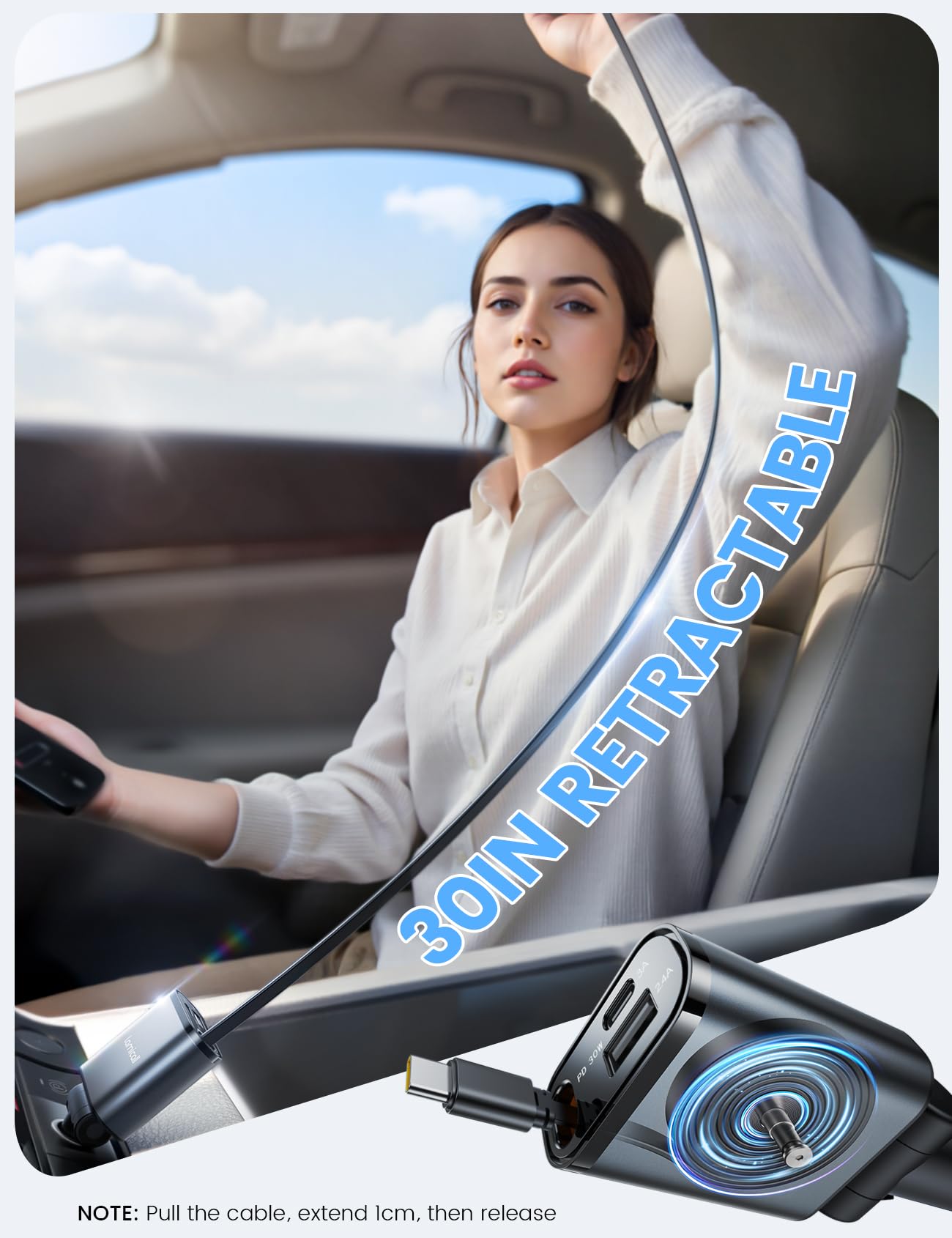 Kwak's Intrekbare autolader, 100 W sigarettenaansteker, USB C auto-oplader, adapter met verborgen kabel, autolader, snel opladen, compatibel met iPhone 15/15 Pro Max (appel type c