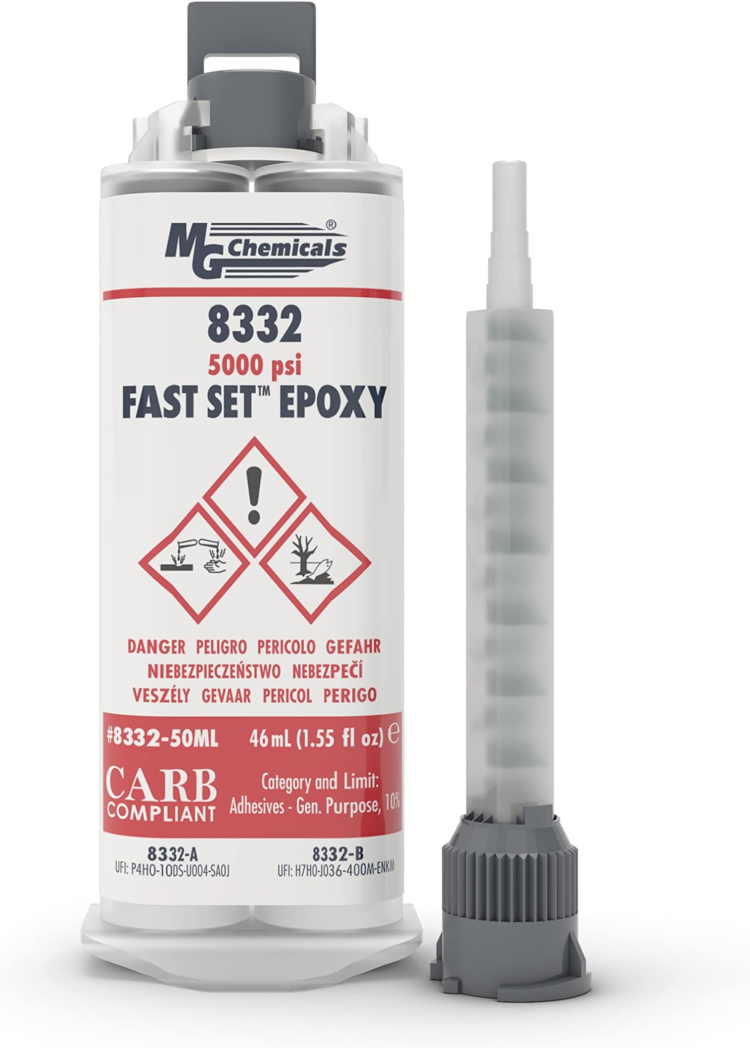 MG Chemicals 8332 Fast Set Epoxy Adhesive, 5000 psi, 1:1 ratio, 46mL Dual Cartridge, comes with Mixing Tip, use with Dispensing Gun or Dual Cartridge dispensing system