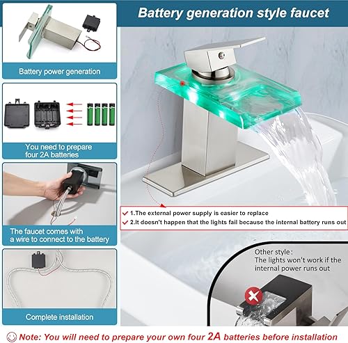 Miniatura 4 de Midanya Grifo LED de níquel cepillado para lavabo de baño, grifo de baño con boquilla de vidrio abierto en cascada, mango único, 3 colores