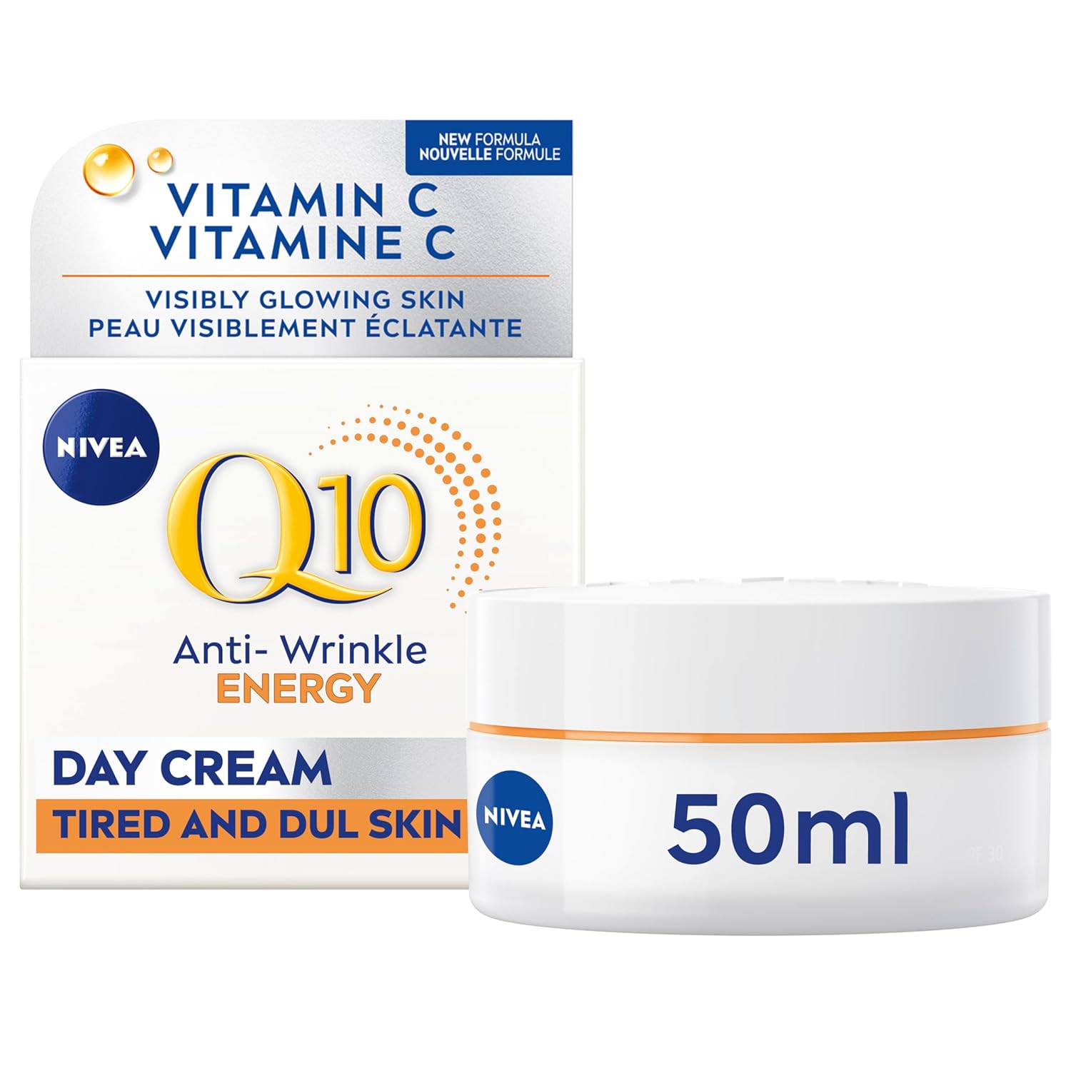 NIVEA Q10 Plus C Anti-Wrinkle + Energy Day Cream for Tired-Looking Skin (50mL), Anti-Aging Cream with Vitamin C for all Skin Types, NIVEA Face Cream Leaves Skin Younger-Looking