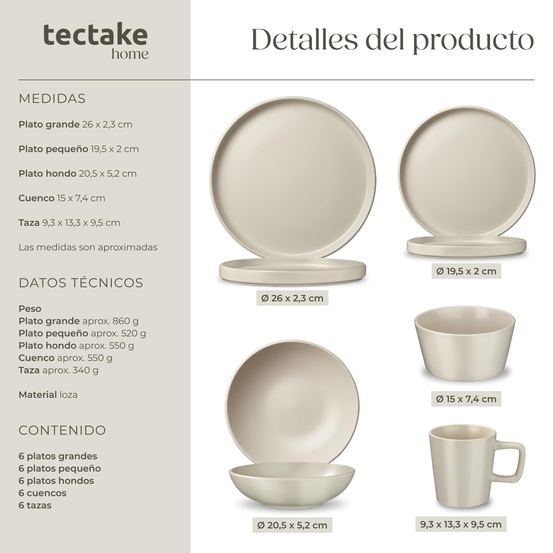 tectake® Juego de Vajilla Completa, Vajillas Completas Modernas, Platos Vajilla, Cuencos Cocina, Tazones Desayuno, Tazas Cafe, Ollas Aluminio Inoxidable - 45 Piezas Negro/Gris Topo