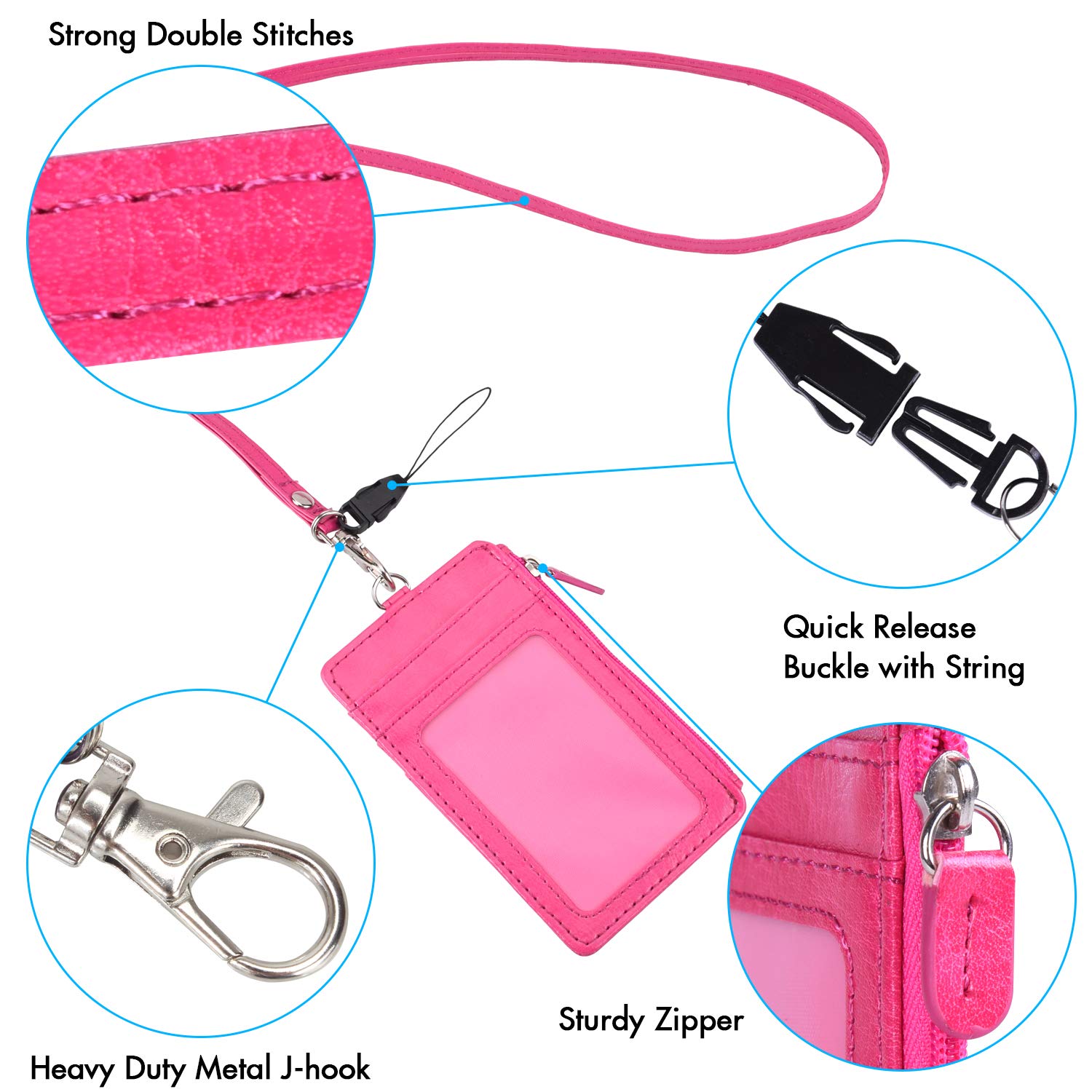 Wisdompro Porta Badge da Collo con Cerniera, 50 cm Portachiavi, 4 Slot, Finestra Trasparente, Rosa Caldo