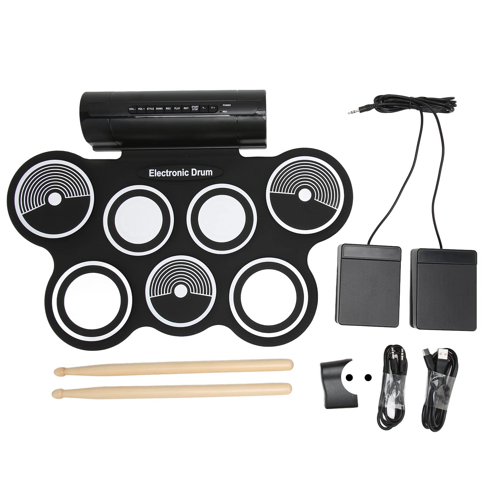 Batteria Elettronica a 7 Pad, Pad per Esercitarsi con Batteria Arrotolabile, Set di Pad per Batteria Elettronica con Suono Surround Stereo, con Altoparlanti 2x5W per Bambini