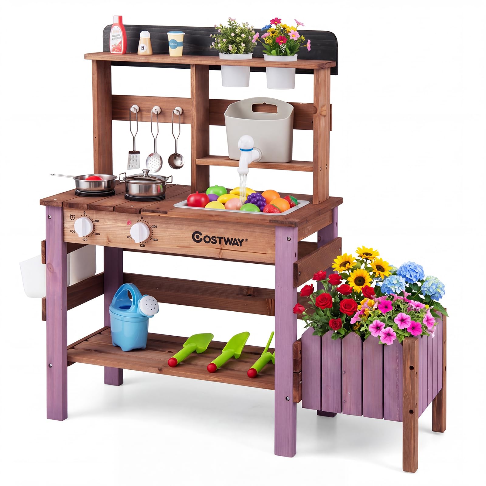 COSTWAY Cocina de Juguete para Niños, Juego de Cocina de Barro de Madera con Jardinera, Fogones, Fregadero Extraíble, Grifo, Depósito de Agua y Estantes, Cocinita Infantil de Exterior para 3+ Años