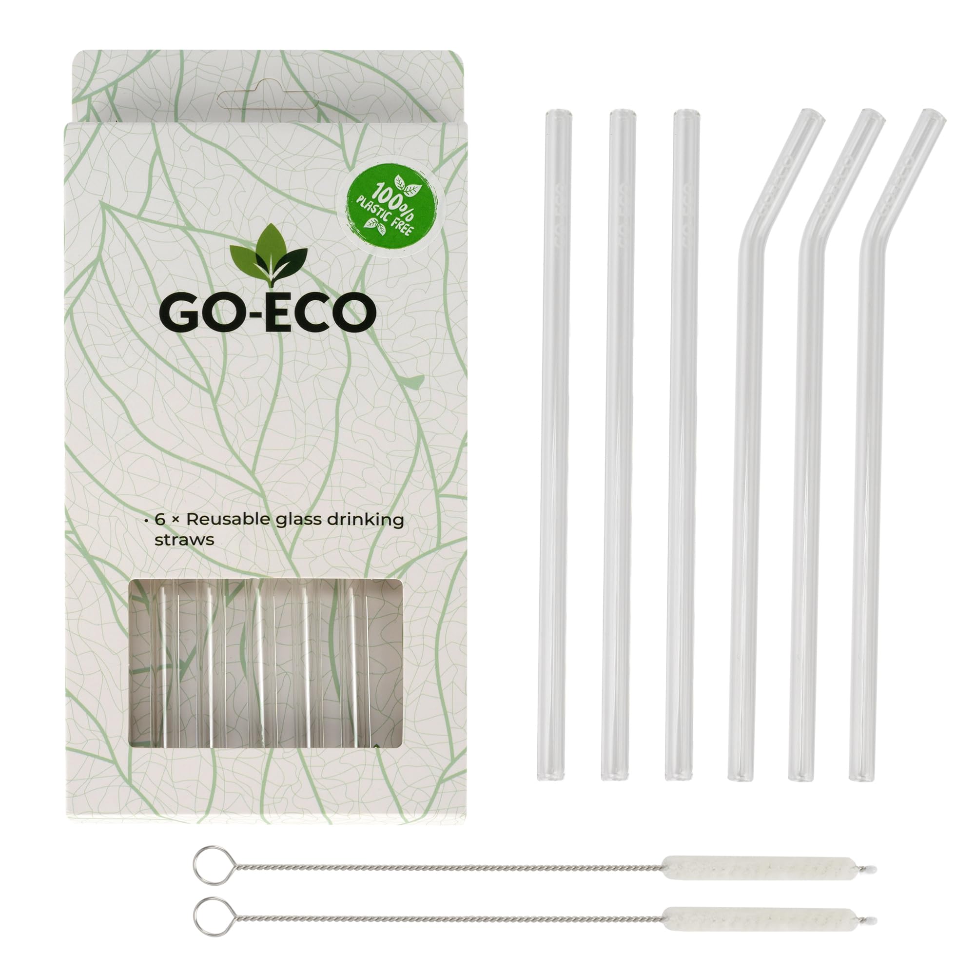 GO-ECO Reusable Glass Drinking Straws, Clear, Borosilicate Glass, Straight and Bent, with Cleaning Brushes, 6 Pack