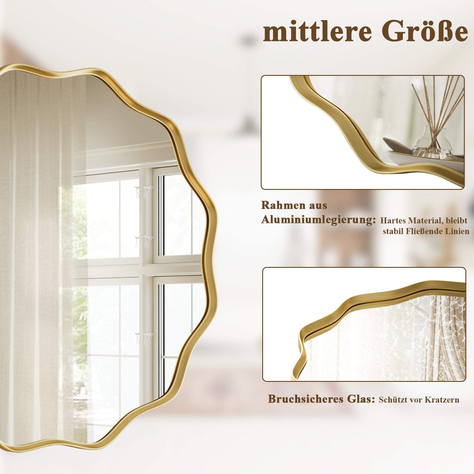 Koonmi Grande specchio rotondo con bordo ondulato, 50 cm, specchio da parete con telaio in metallo strutturato, da appendere o appoggiare alla parete, per bagno, ingresso, soggiorno, oro