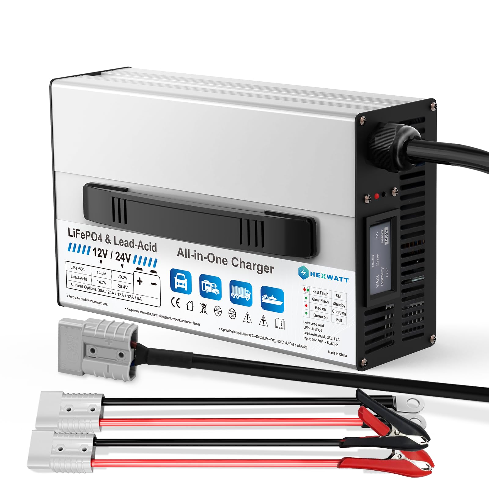 12V/24V LiFePO4 & AGM All in One Battery Charger Adjustable Current 6A-30A LiFePO4 14.6V 30A,29.2V 30A,Lead-Acid,AGM,Gel Fast Smart Battery Charger for Car,RV,Boat,Truck,Solar System