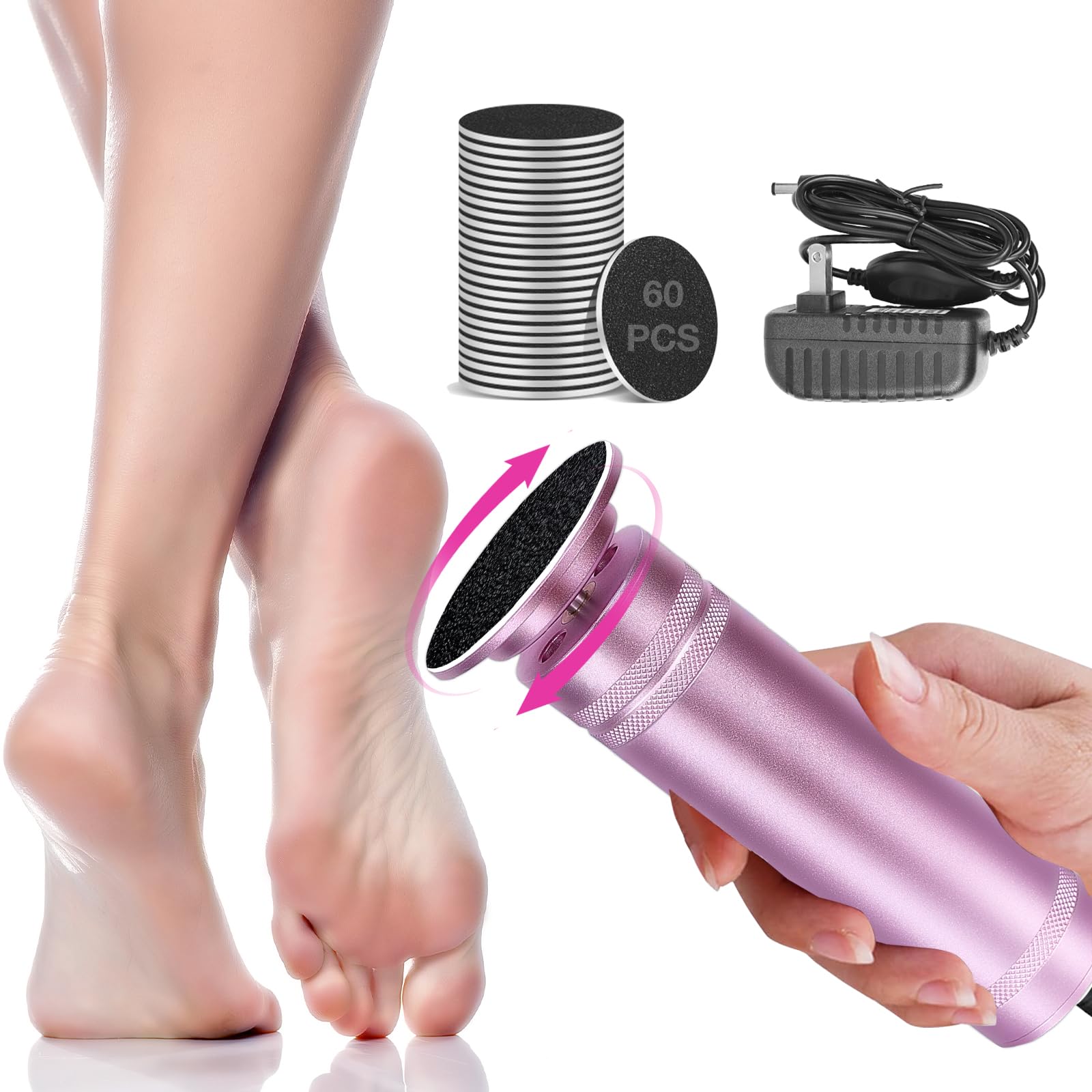 Upgrade 1200RPM Electric Callus Remover for Feet, Powerful Electric Foot File with 60 Sandpaper Discs, Adjustable Speed, Plug-in Pedicure Tool for Cracked Heels & Dead Skin, Pink