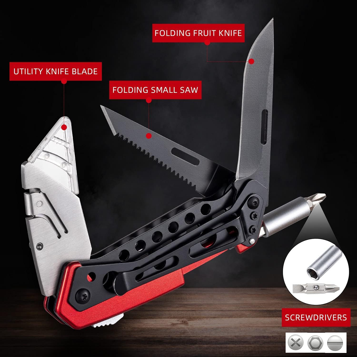 Folding Utility Knife, Heavy Duty Box Cutter Knife, Quick Change Razor Knives with 5 Extra Blades, Screwdriver, Saw, Clip, Holder for Belt, Safety Lock, EDC Work Knives, Gifts for Men Wowen