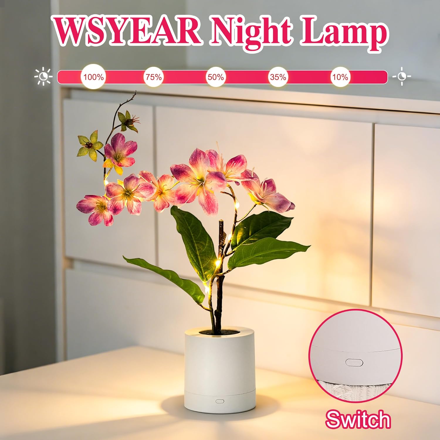 WSYEAR Purple Artificial Jasmine LED Flower Pot - Lighted Floral Decor for Wedding, Christmas, Home Decor,Night Light for Bathroom Kitchen Office Living Room Table Decor Indoor Outdoor
